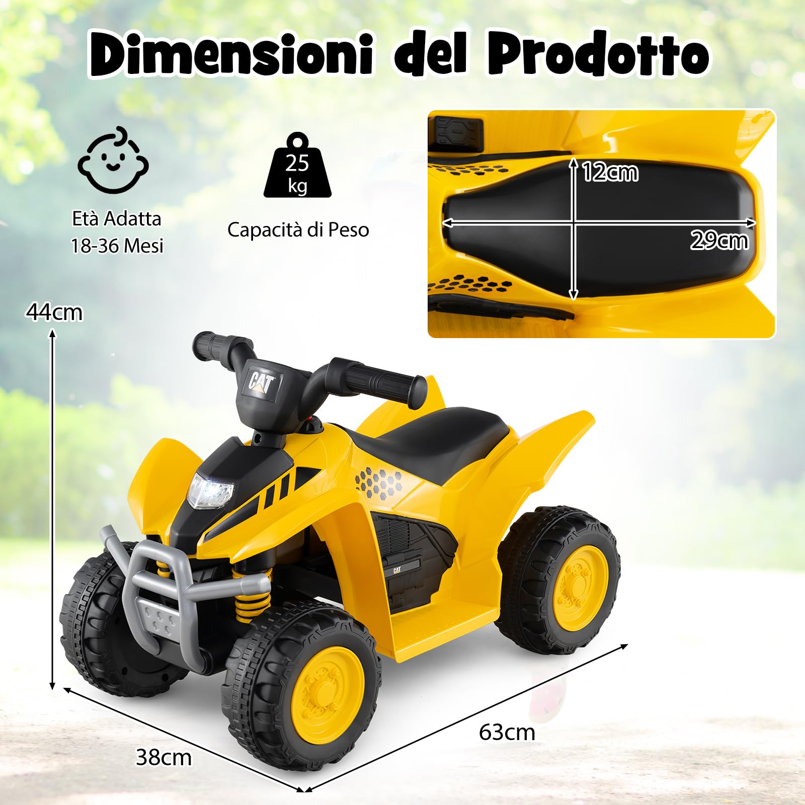RELAX4LIFE Quad Elettrico per Bambini con Licenza CAT 6V, a 4 Ruote per Bambini Alimentato a Batteria con Fari LED, Effetto Sonoro di Avviamento, Clacson, Guida,da 18 a 36 Mesi
