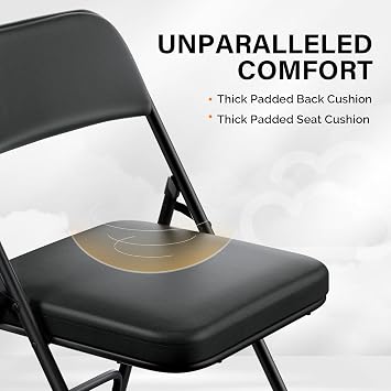VINGLI Padded Folding Chairs with Thick Seat Cushion, Portable, Durable & Extra Comfortable Foldable Chairs for Indoor & Outdoor Events, Banquet, Party, Dinning, Work, Craft, PU, Black, 4 Pack