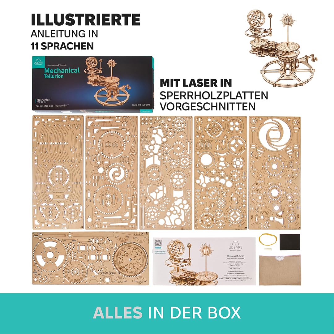 UGEARS Mechanisches Tellurion 3D-Puzzle – Vatertagsgeschenk, ERD- und Mond-Puzzle, 3D-Holzpuzzle für Erwachsene – Modellbausätze für Erwachsene zum Bauen – pädagogischer Sonnensystem DIY-Planetarium
