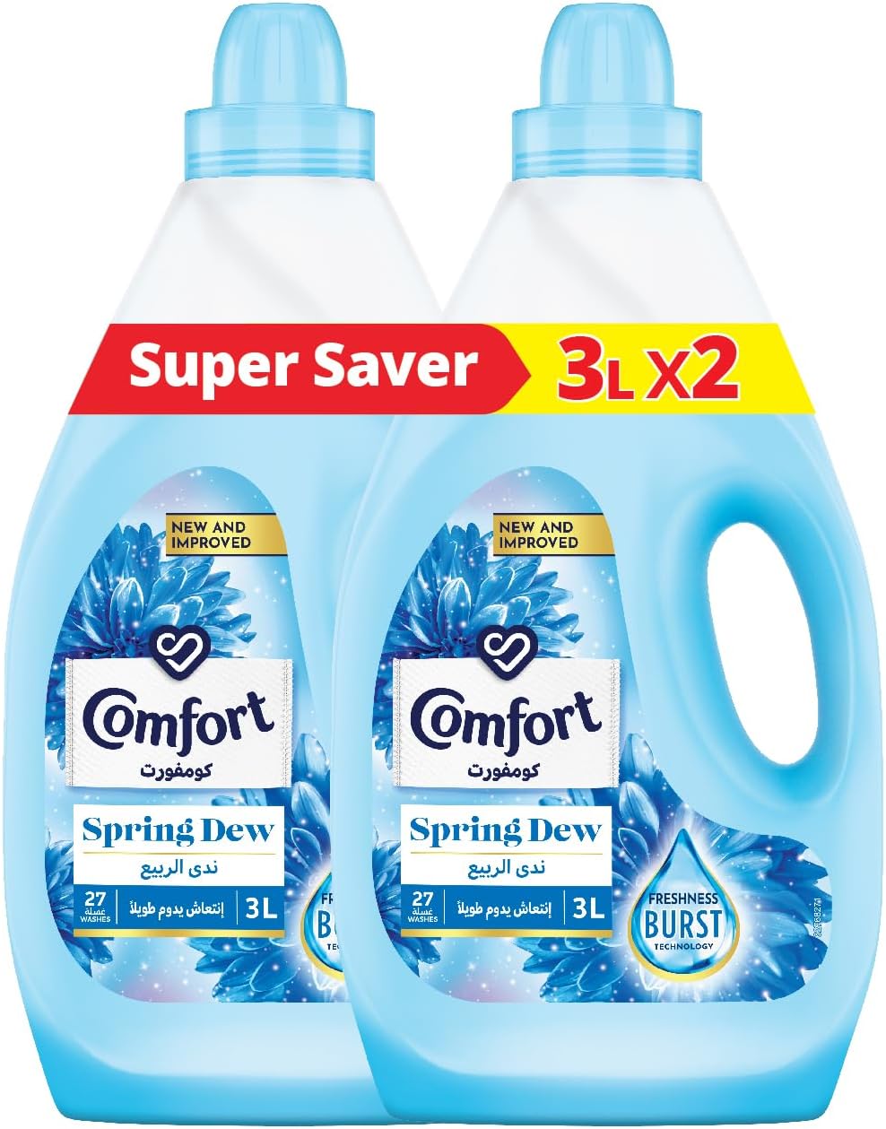COMFORT Fabric Softener, Spring Dew, with freshness-burst technology for longer lasting fragrance & soft clothes, 3L x 2