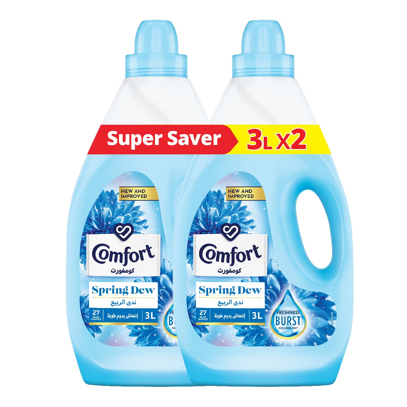 COMFORT Fabric Softener, Spring Dew, with freshness-burst technology for longer lasting fragrance & soft clothes, 3L x 2