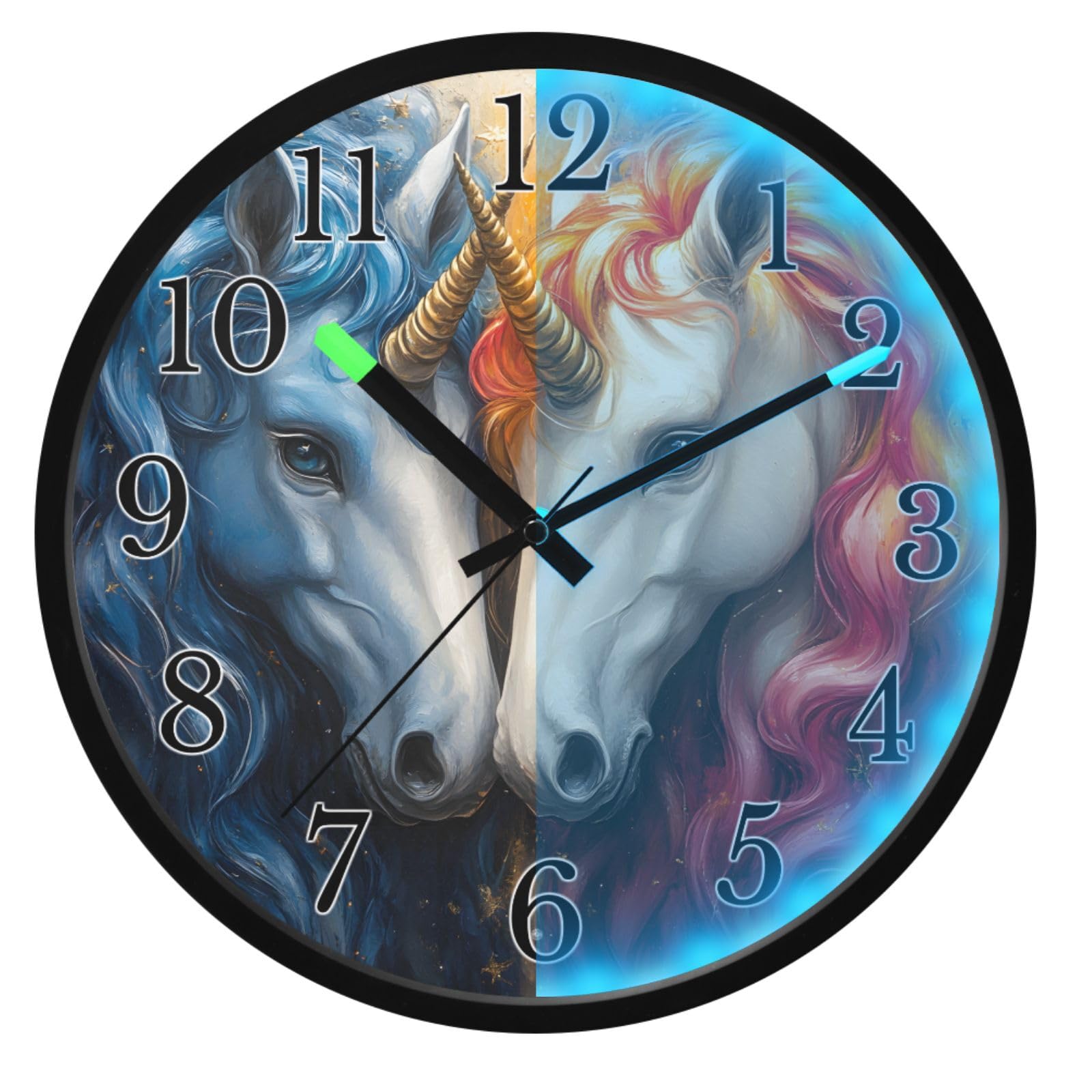 Mnsruu Divertido reloj de pared con diseño de unicornio azul y caballo blanco, luminoso, funciona con pilas, silencioso, brilla en la oscuridad, para sala de estar, cocina, 12 pulgadas