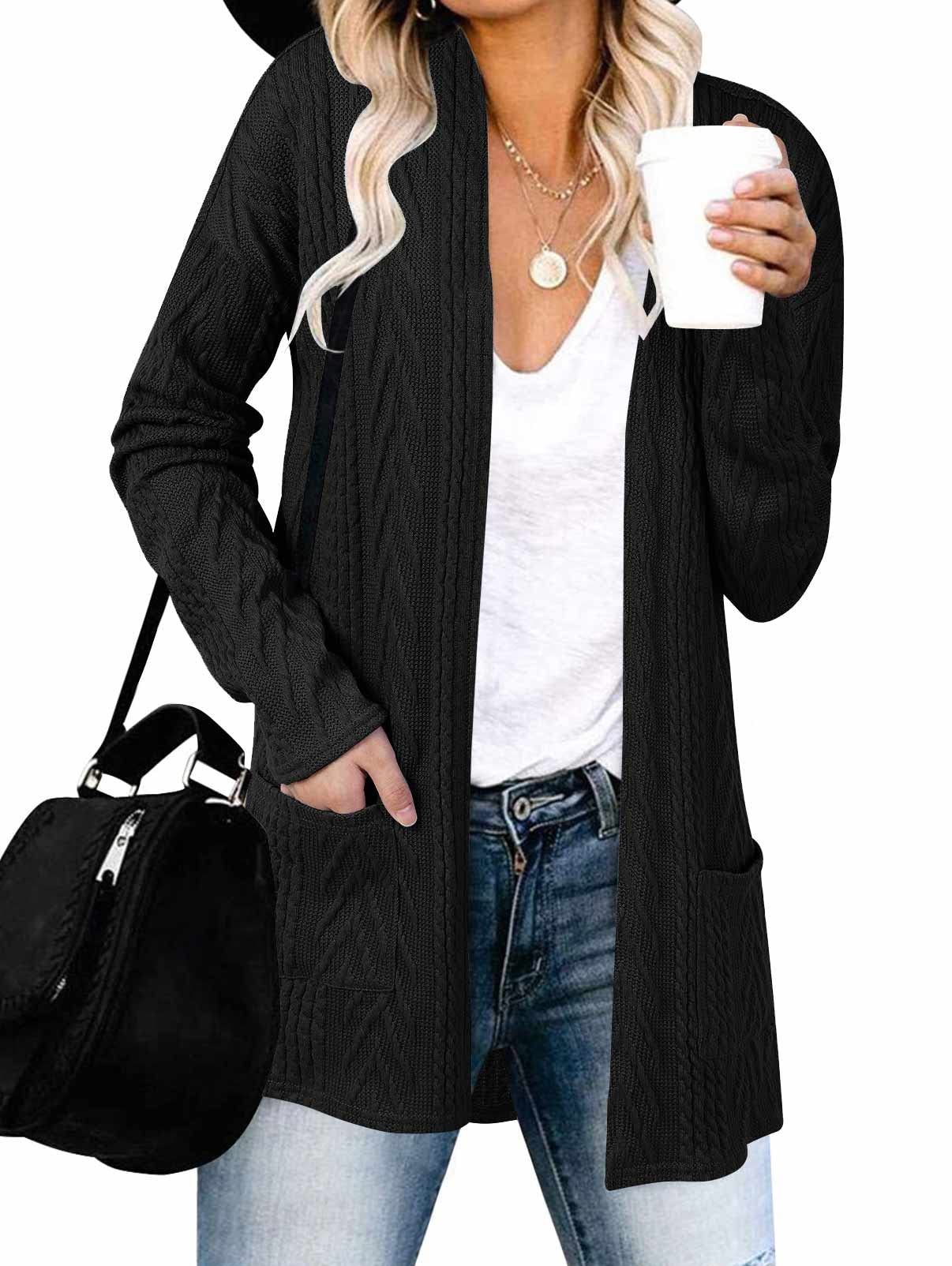 MEROKEETY Women's Casual Long Sleeve Open Front Cable Knit Cardigans Lightweight Solid Color with Pockets,Black,S