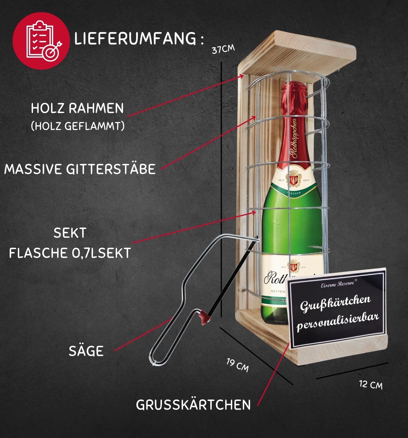 Personalisierte Geschenke für Männer Frauen Geschenkidee - Eiserne Reserve Gitterkäfig Rotkäppchen Sekt (1 x 0.75 l) incl. Notsäge - Papa Mama Geburtstag Hochzeit