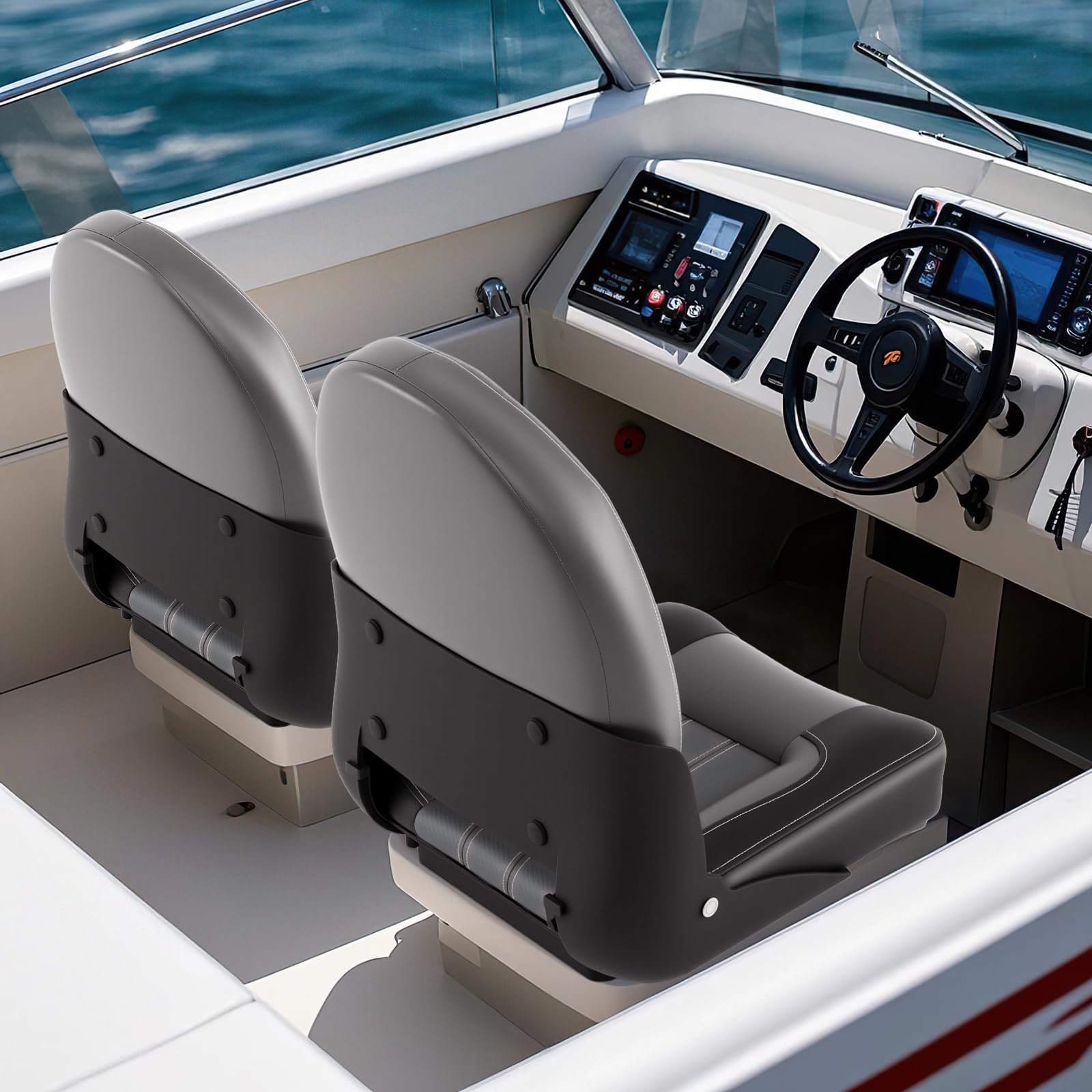 Homasis Juego de 2 Asientos Plegables para Barco, Acolchadas, Grueso, Silla deYate Ergonómico Impermeable con Respaldo Y Marco de Metal, Control para Barcos, hasta 113/150 Kg (Negro)
