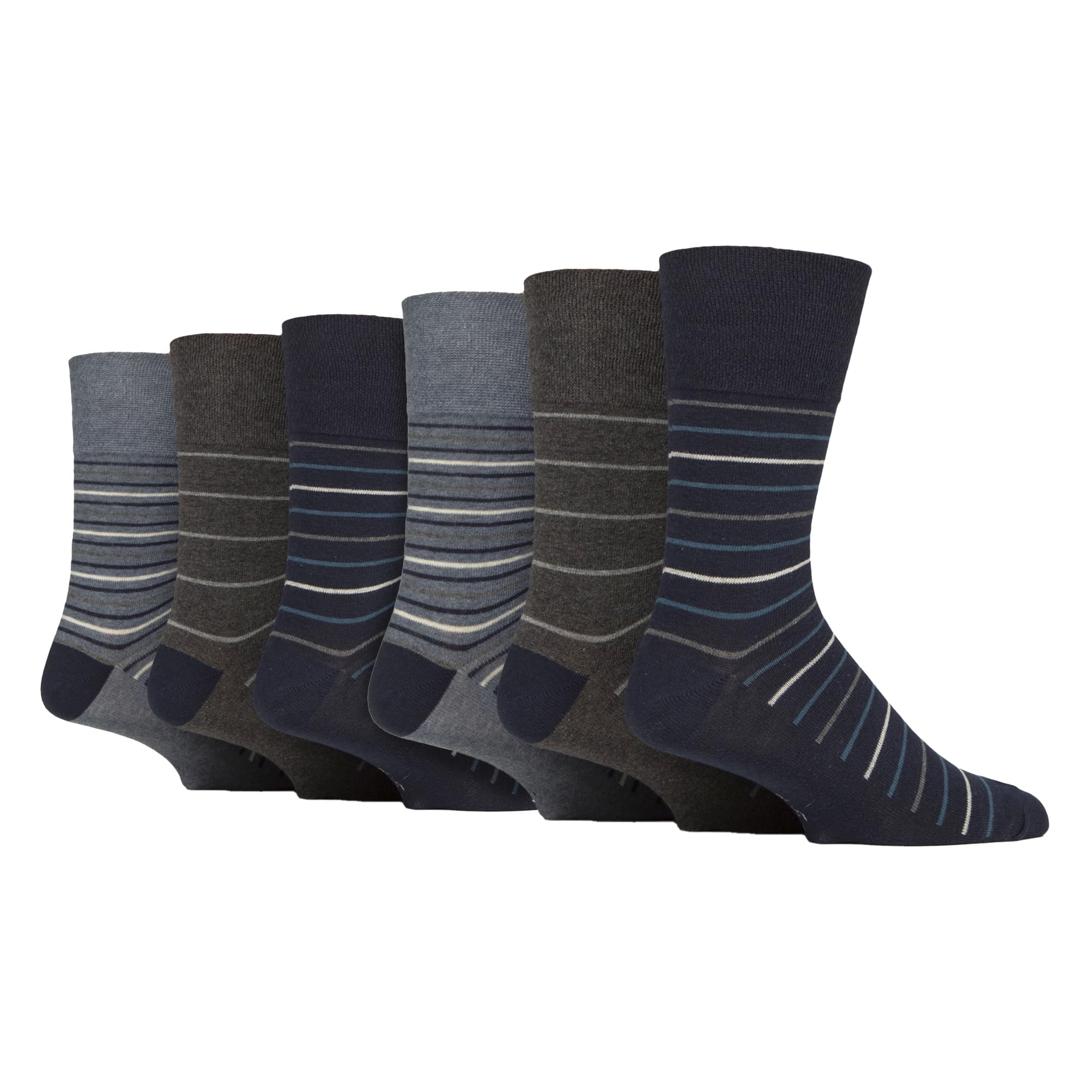 SOCK SHOP GENTLE GRIP - 6 Pairs Mens Non-Elastic Cotton Socks | Patterned Soft Non-Binding Stripe Socks (6-11, Stripe 2)