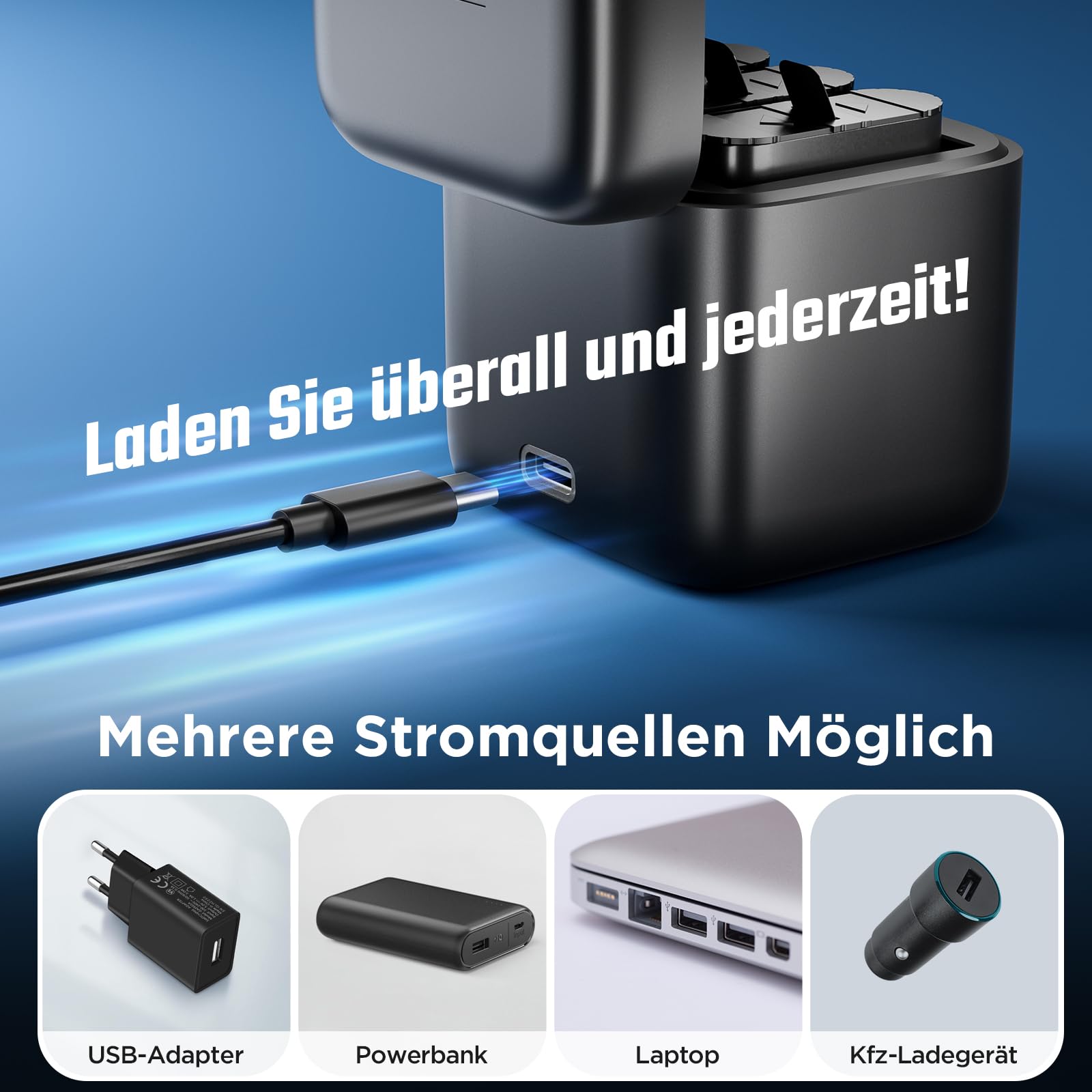 Jeebel Akku Ladegerät für GoPro Hero 13 Black — 3-Kanal Batterie Ladegerät mit Schnellladung, USB-C Kabel — Schnellladegerät Kompatibel mit GoPro Hero 13 Black Original-Akku (Ohne Akku)