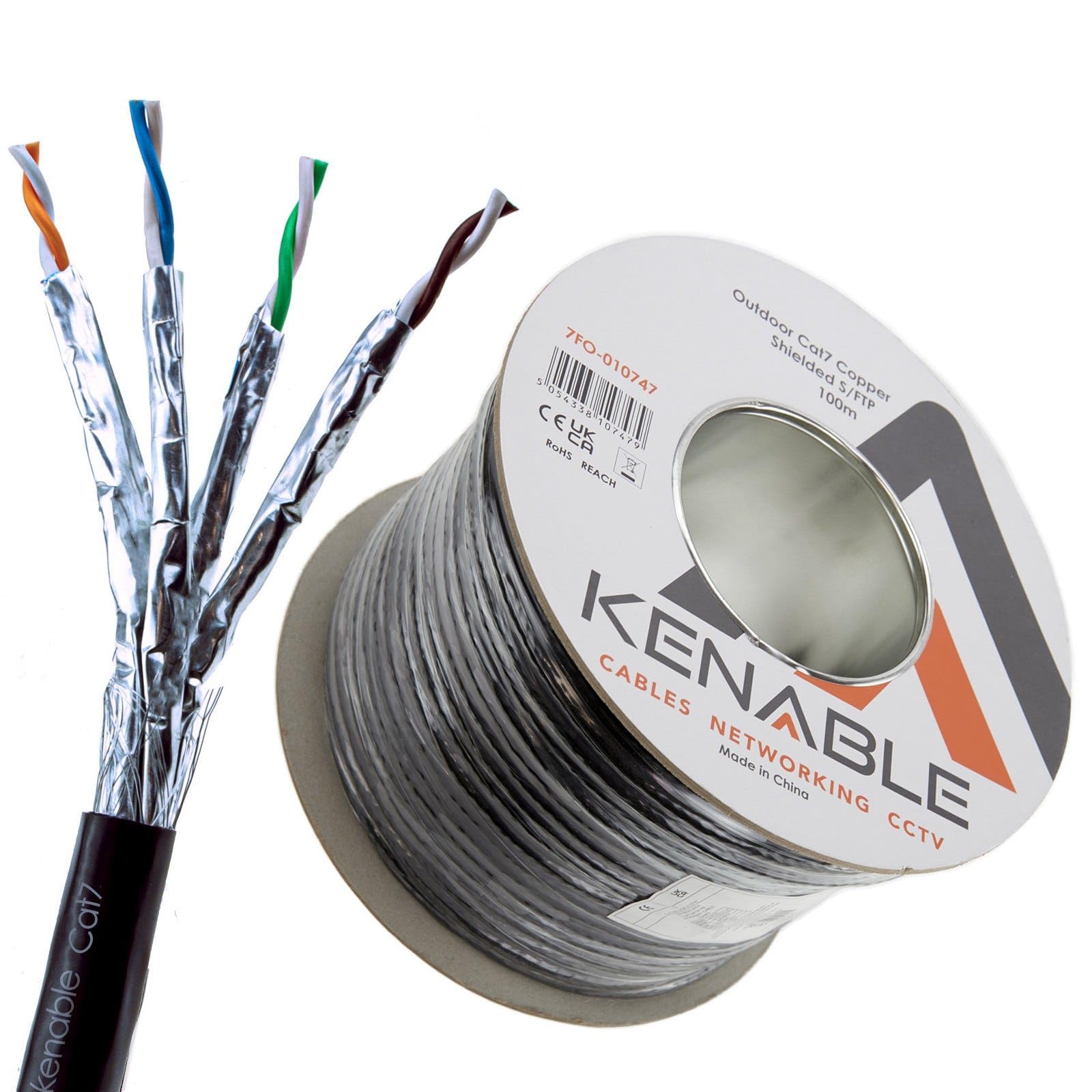 kenable Cable Ethernet Cat7 S/FTP Exterior Bobina 100 m [100 metros/100m] COBRE Puro Apantallado Resistente UV Negro