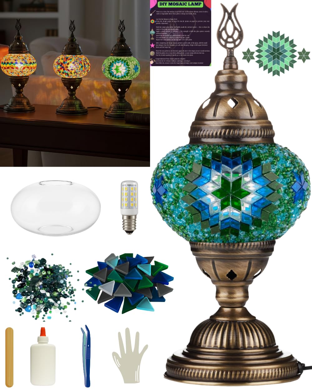 DEMMEX Kit fai da te con lampada a mosaico turco, set regalo completo per adulti e ragazzi, decorazione per la casa facile e divertente, lampada da tavolo (classica, turchese)