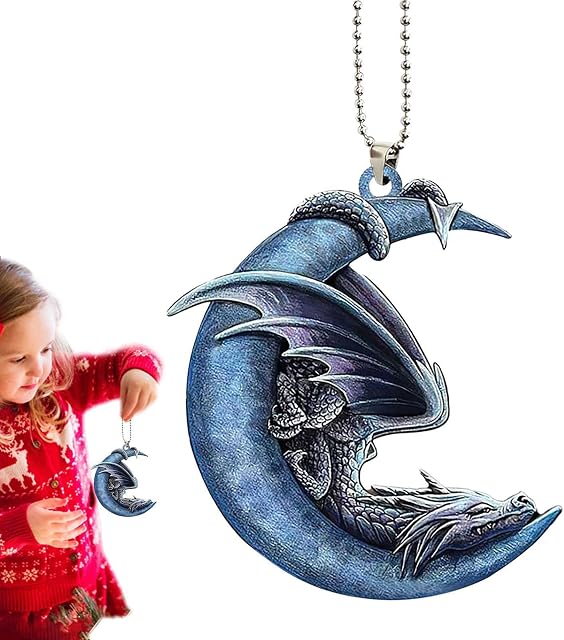 Ailopta Blue Dragon Moon Rose Hanging Ornaments, Blue Moon Sleeping Dragon Pendant, Christmas Car Hanging Ornaments, Fantasy Christmas Acrylic Ornament For Kids, Girl, Boy