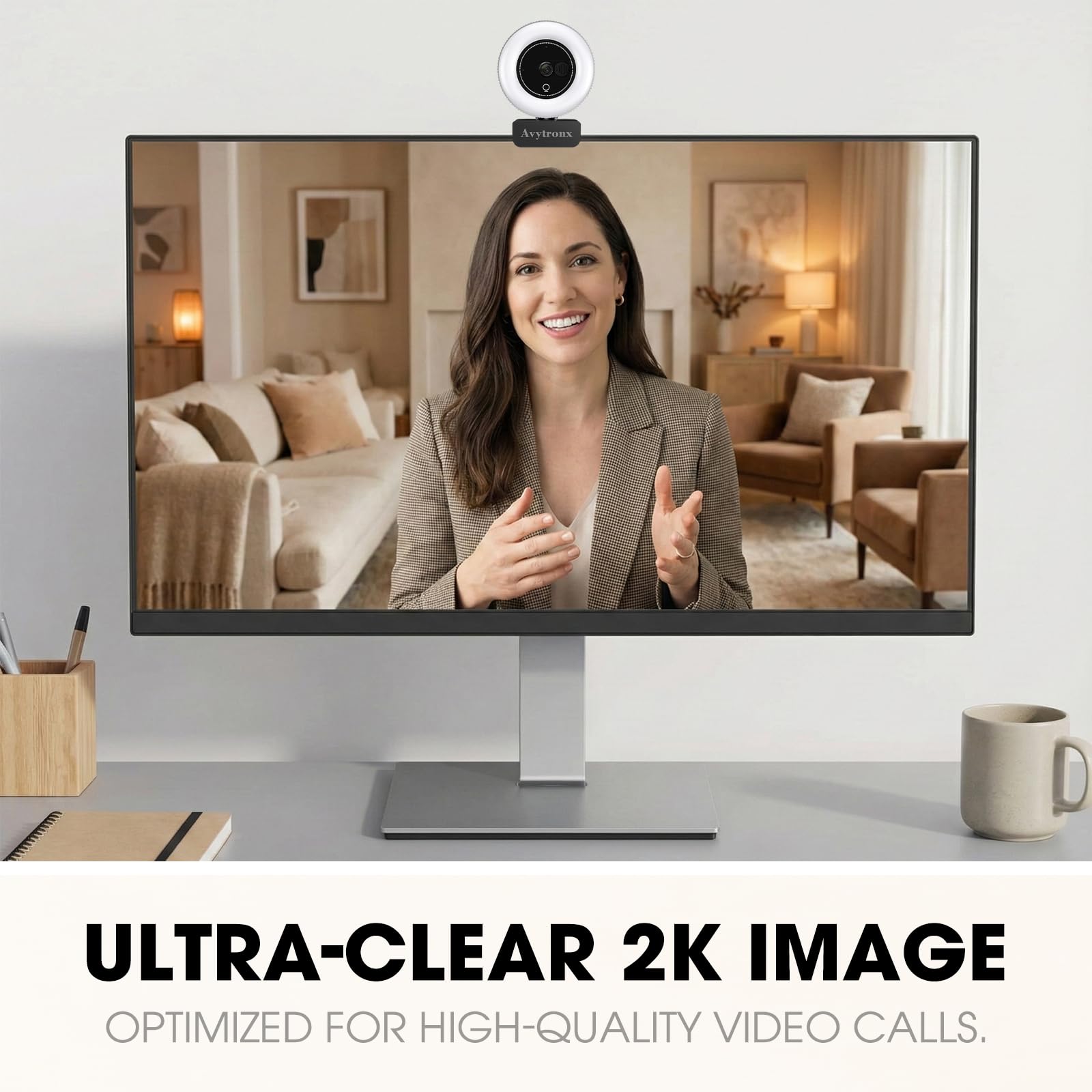 Cámara web 2K para PC con micrófono y luz integrada, cámara de computadora USB para PC/portátil/Mac/monitor, cámara web de transmisión con cubierta de privacidad para zoom/Skype/equipos/videollamadas