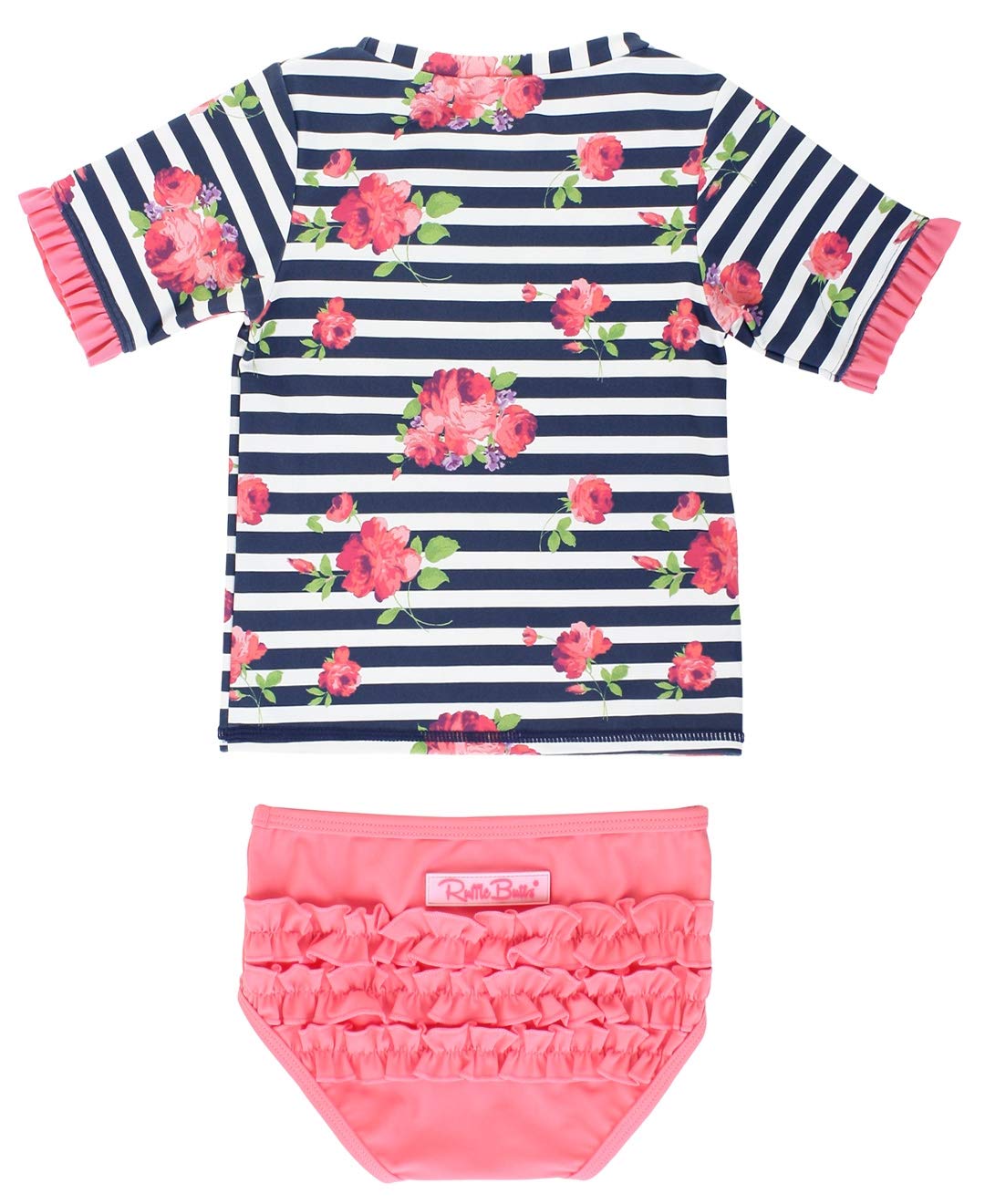 RuffleButts® Girls Rosy Floral Stripe Mid-Sleeve Rash Guard Bikini - 8