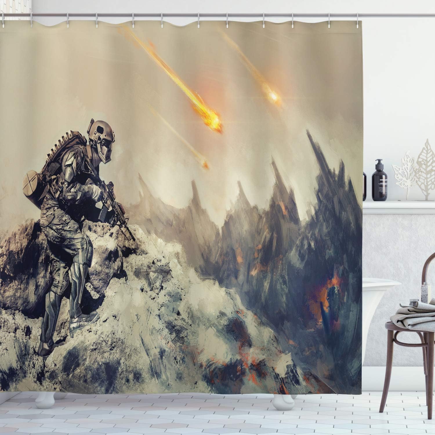 Ambesonne Outer Space Shower Curtain, Futuristic Mechanical Tecnology in The Alien Planet Saving The World Illustration, Cloth Fabric Bathroom Decor Set with Hooks, 69" W x 70" L, Taupe Grey