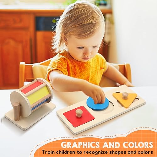 Miniatura 5 de Sratte Juego de 3 juguetes de madera para bebé, caja de permanencia de objetos, tambor arcoíris, juguetes coloridos de rompecabezas de múltiples