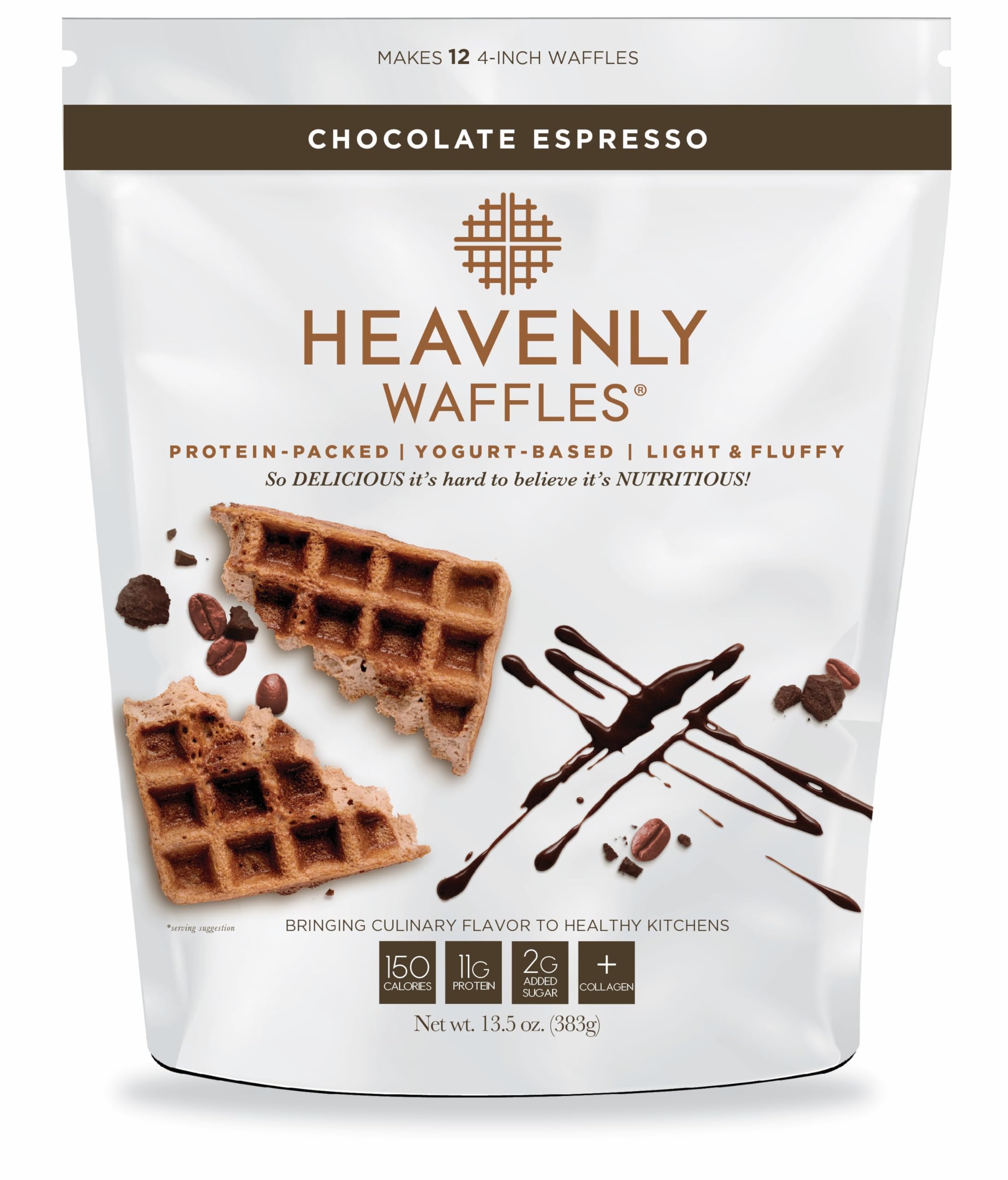 Heavenly Waffles® Mix, Chocolate Espresso, 11g Protein, Yogurt Based, Healthy and Nutritiously Balanced, Superior Tasting Waffles and Pancakes, 13.5 oz Pouch
