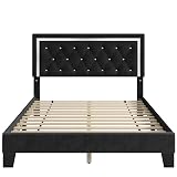 HITHOS Queen Bed Frame, Upholstered Platform Bed Frame with Modern Adjustable Headboard, Diamond Tufted Mattress Foundation with Wooden Slat Support, No Box Spring Needed, Easy Assembly (Queen, Black)
