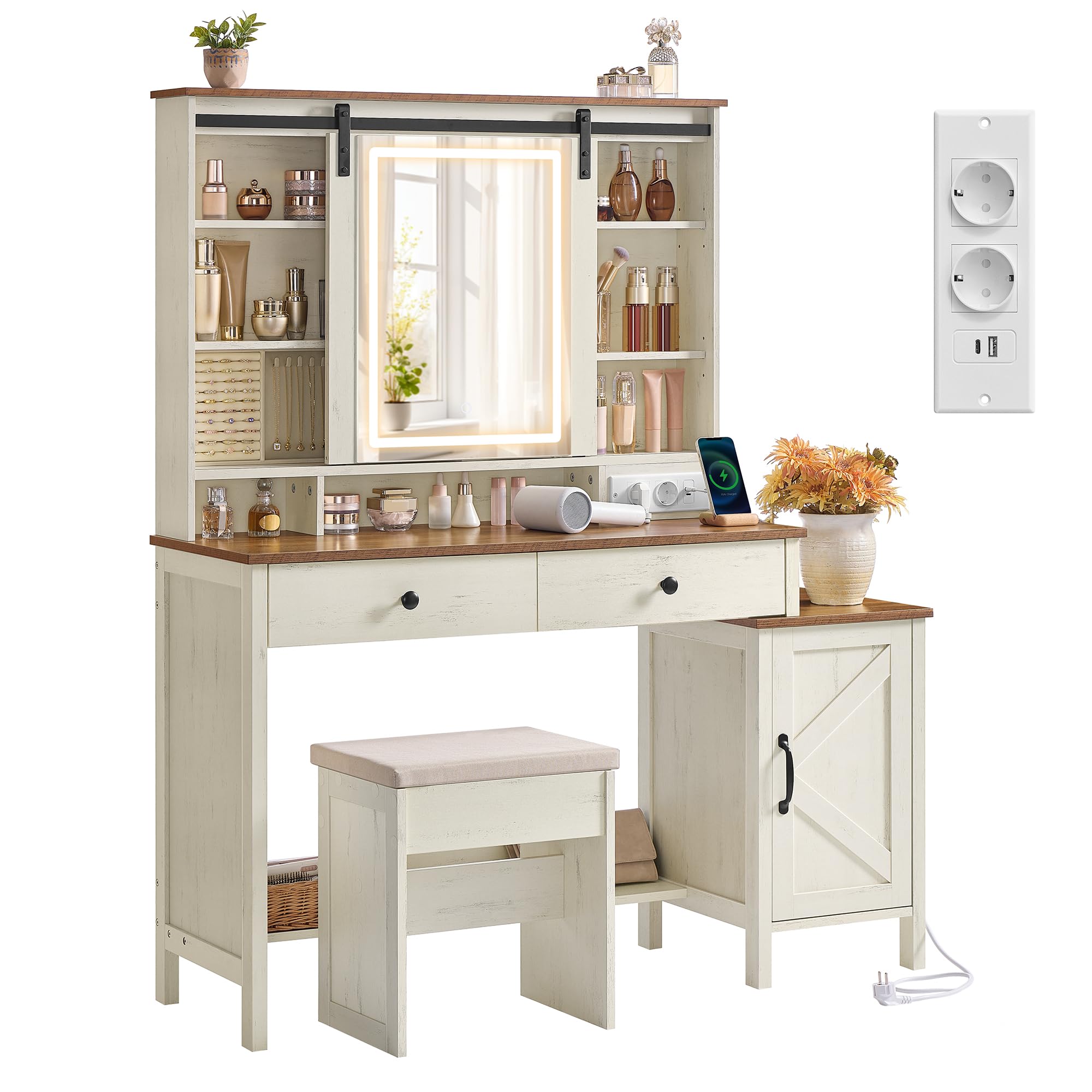 VASAGLE LIRY Colección - Tocador con Espejo y Luz, Mesa de Maquillaje de Granja con Taburete, Estación de Carga, 2 Cajones, Organizador Joyas, Blanco Rústico y Marrón Miel RDT136W01