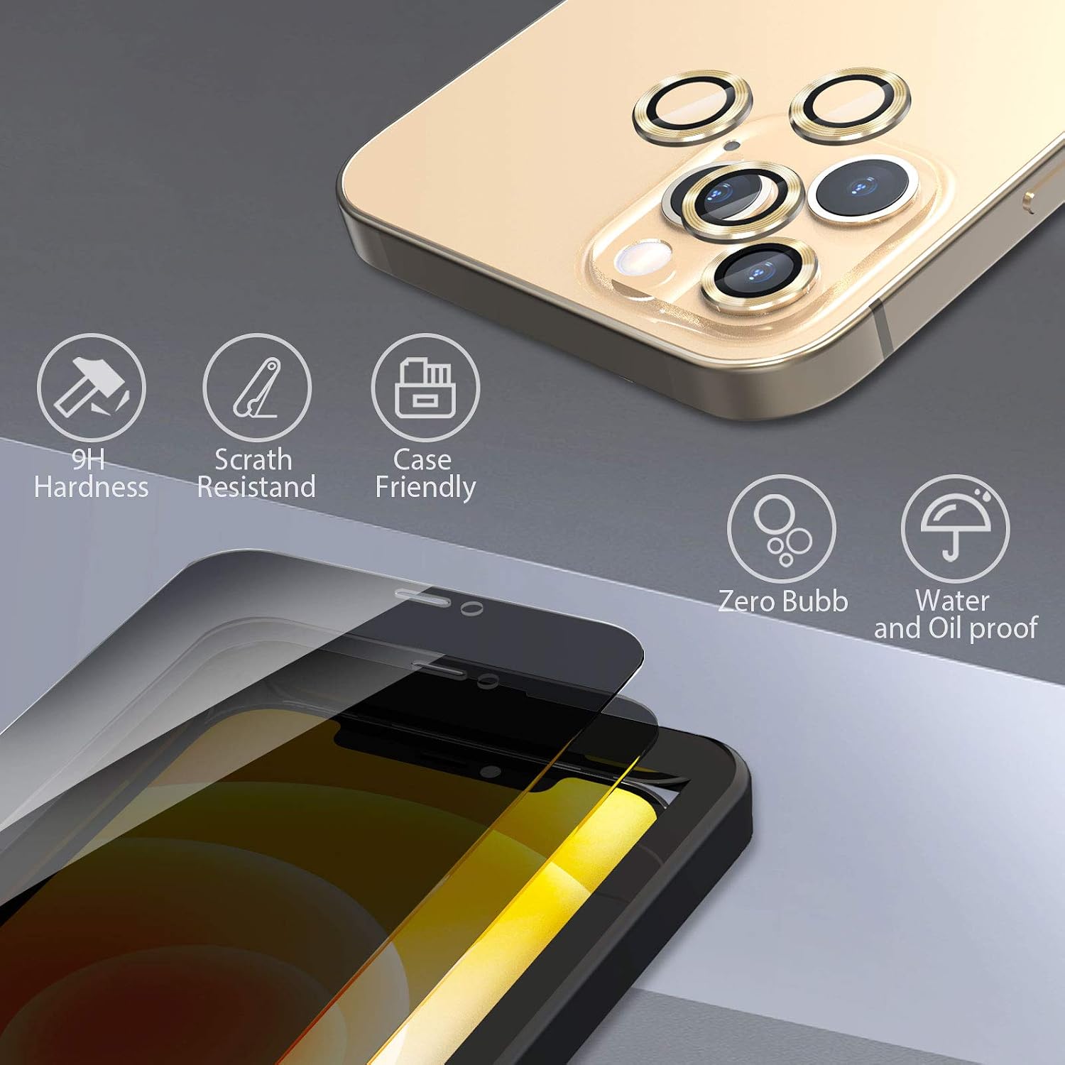 CloudValley [3+2 Pack] Privacy Screen Protector for iPhone 12 Pro Max 6.7" with Camera Lens Protector, Anti Spy Tempered Glass + Lens Cover Film [Anti-Scratch] [Bubble Free] [Case Friendly]-Gold