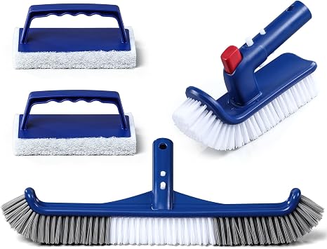 3-in-1 Full-Coverage Pool Brush Head Set - Includes 17.5" Long Brush, Rotatable Handheld/Extension Pole Brush, Sponge Brush, Durable Scrubber Brush Set for Pool Floors/Corners/Steps