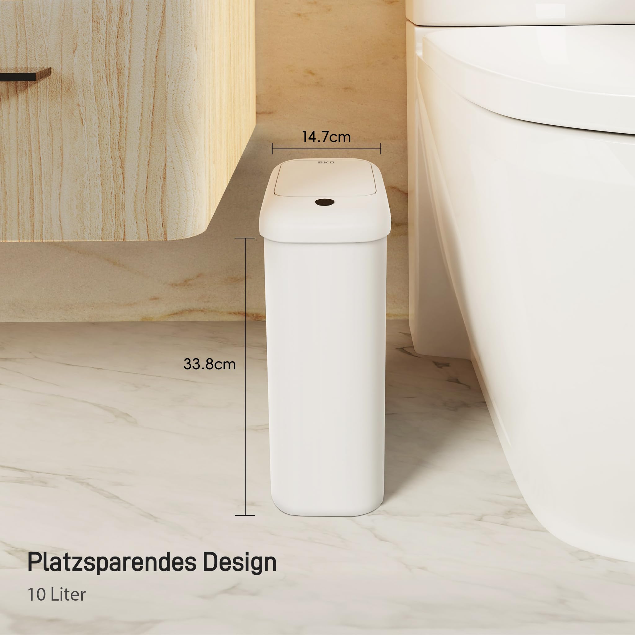 EKO Automatischer Badezimmer-Mülleimer mit Deckel, 10L Schlanker Sensor Abfalleimer, Wasserdichter Bewegungssensor-Kosmetikeimer für Bad, Büro und Küche, Soft Close, Weiß, Hochwertiger Kunststoff