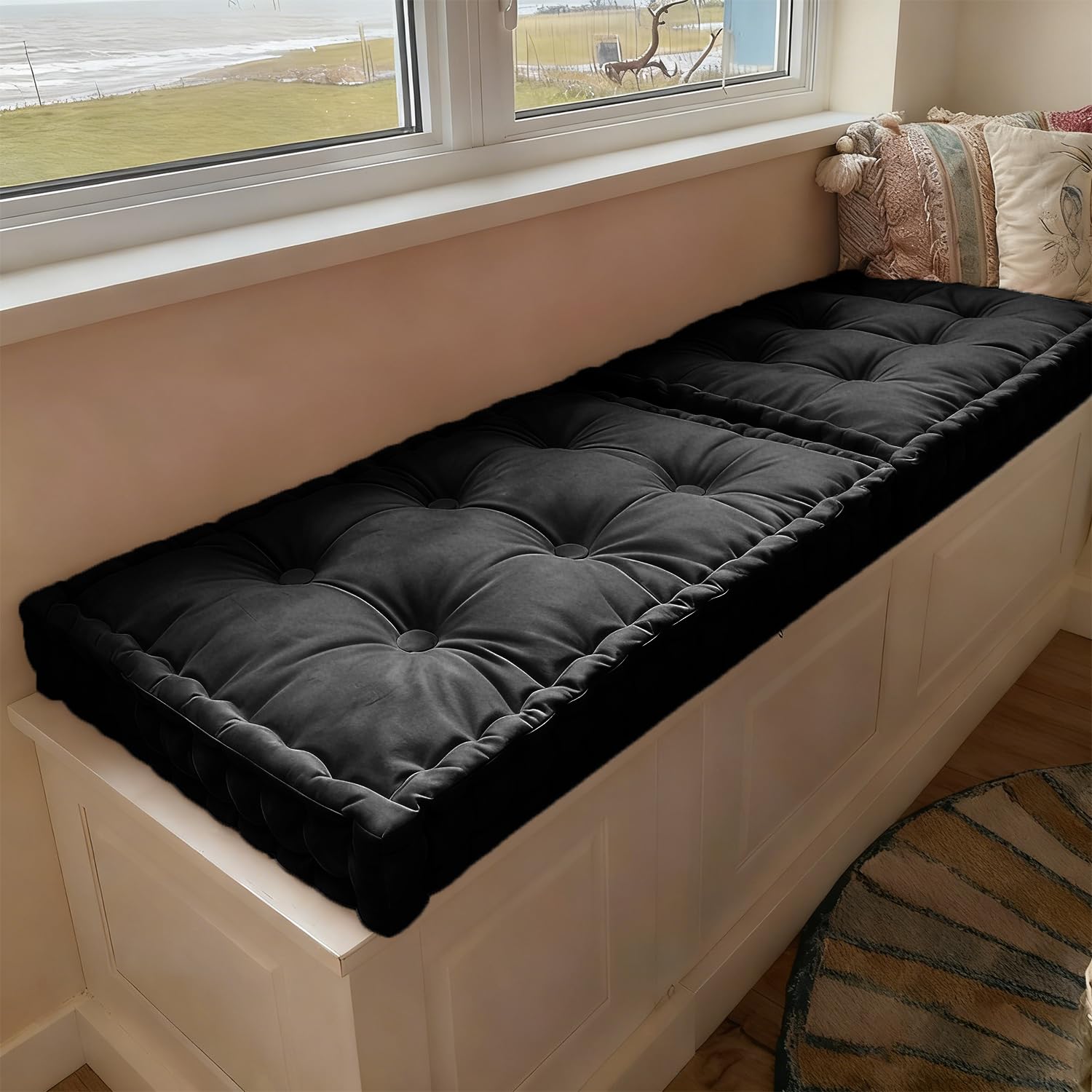 WLXFF Bench Cushion Indoor, Velvet Window Seat Cushions with Handle 10cm Thick Plush Windowsill Seat Cushion, Bay Window Cushion, Tufted Buttons Bench Seat pad for Piano, Dining Chairs,NO9,120x50cm