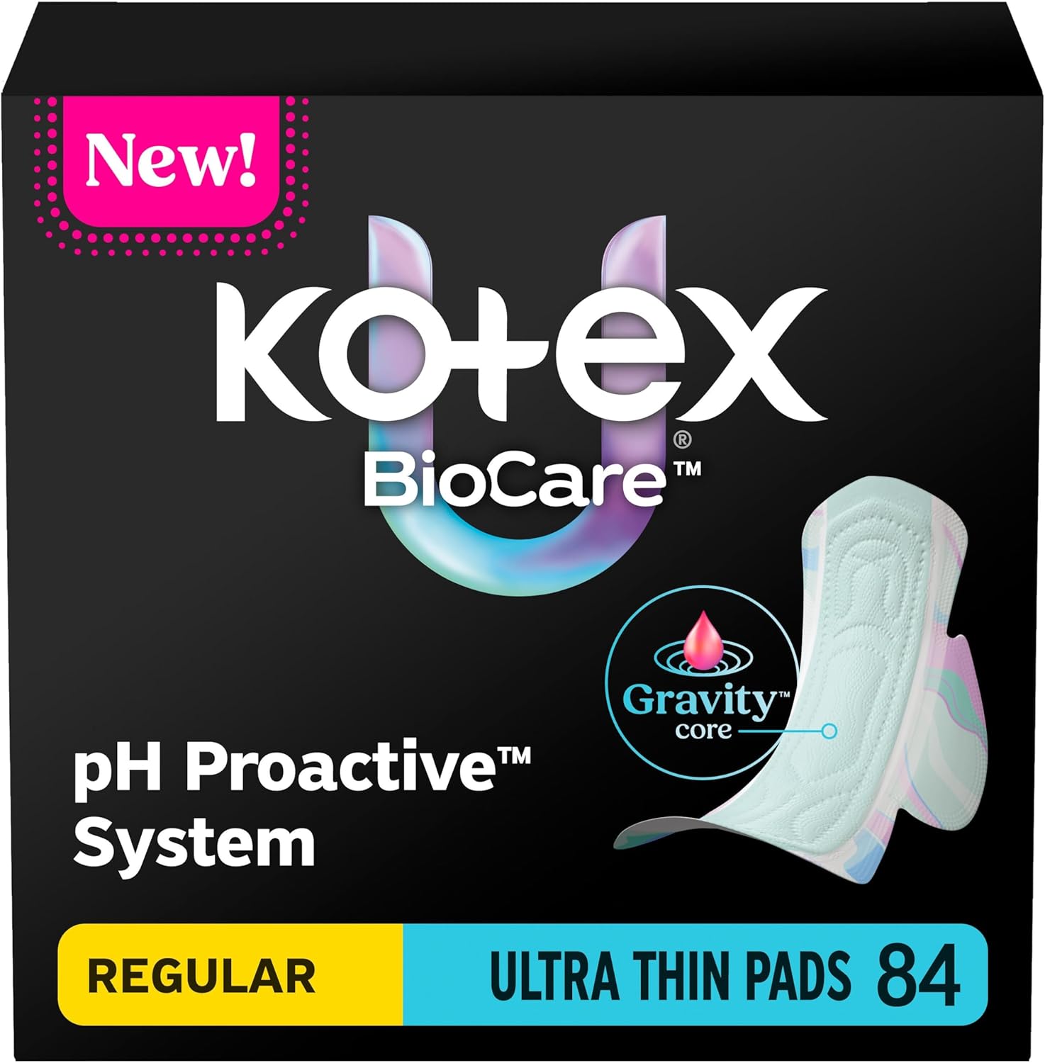 Kotex BioCare Ultra Thin Pads with Wings, Regular Absorbency, 84 Count (3 Packs of 28)(Packaging May Vary)
