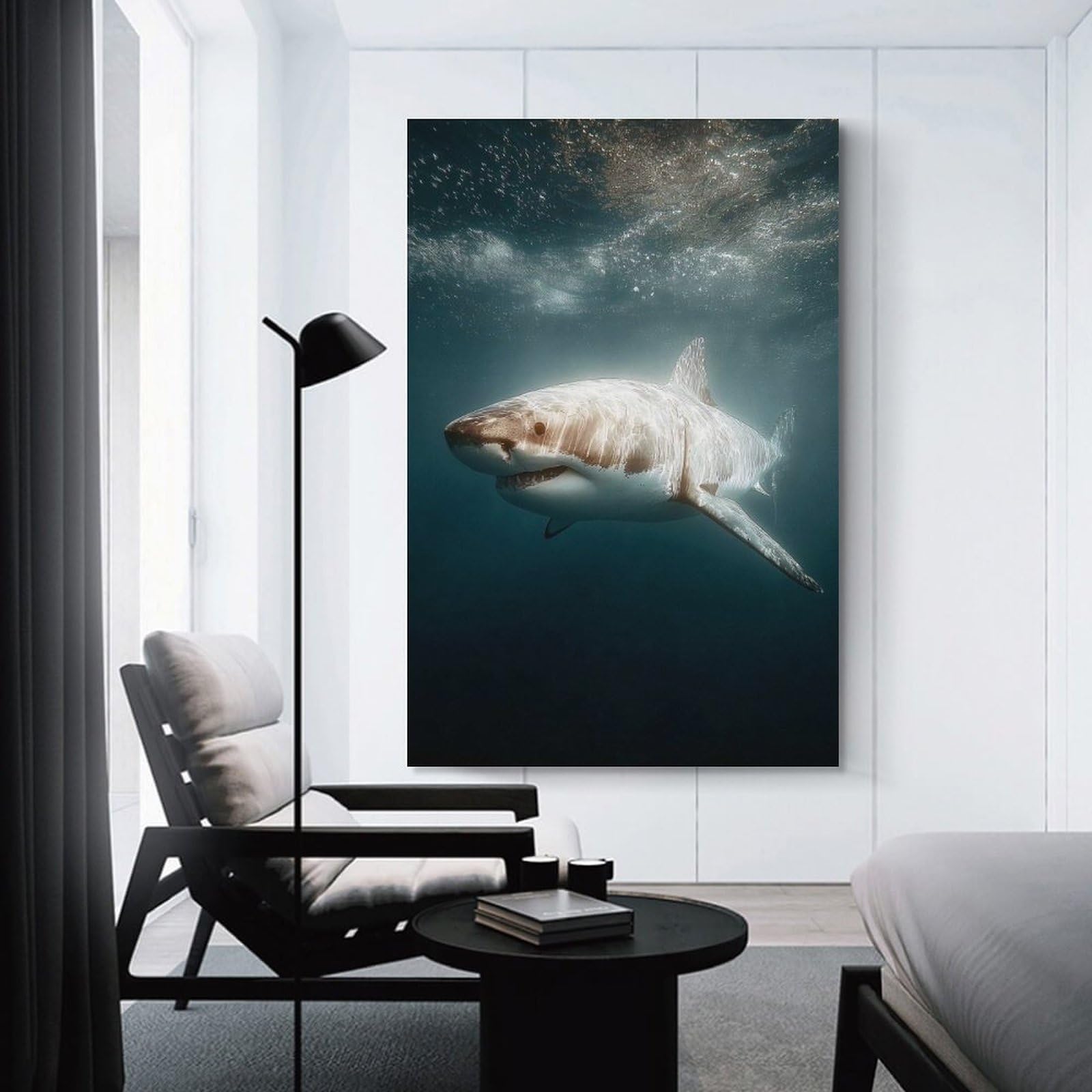 Junmoney Great White Shark Underwater Portrait Room Decor Wall Art, 24x36inch(60x90cm), for Home Office, Desk Area Or Studio, An Interior Accent for Desk Areas