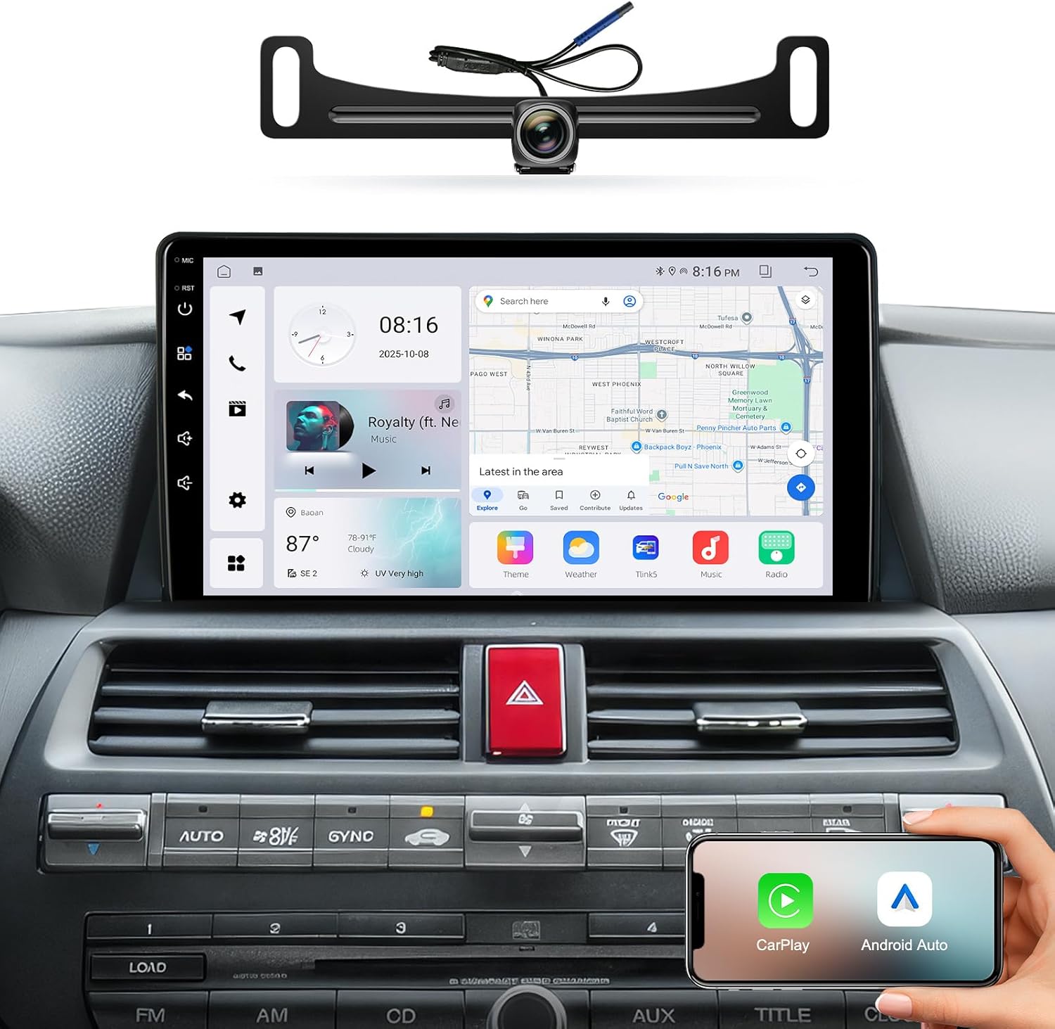 Car Radio for Honda Accord 8th 2008-2013,10.2 Inch Touch Screen Upgrade with Android 13,CarPlay,Android Auto,GPS Navigation,1080P Backup Camera,Bluetooth,WiFi,SWC,FM,AM (4G+64G)