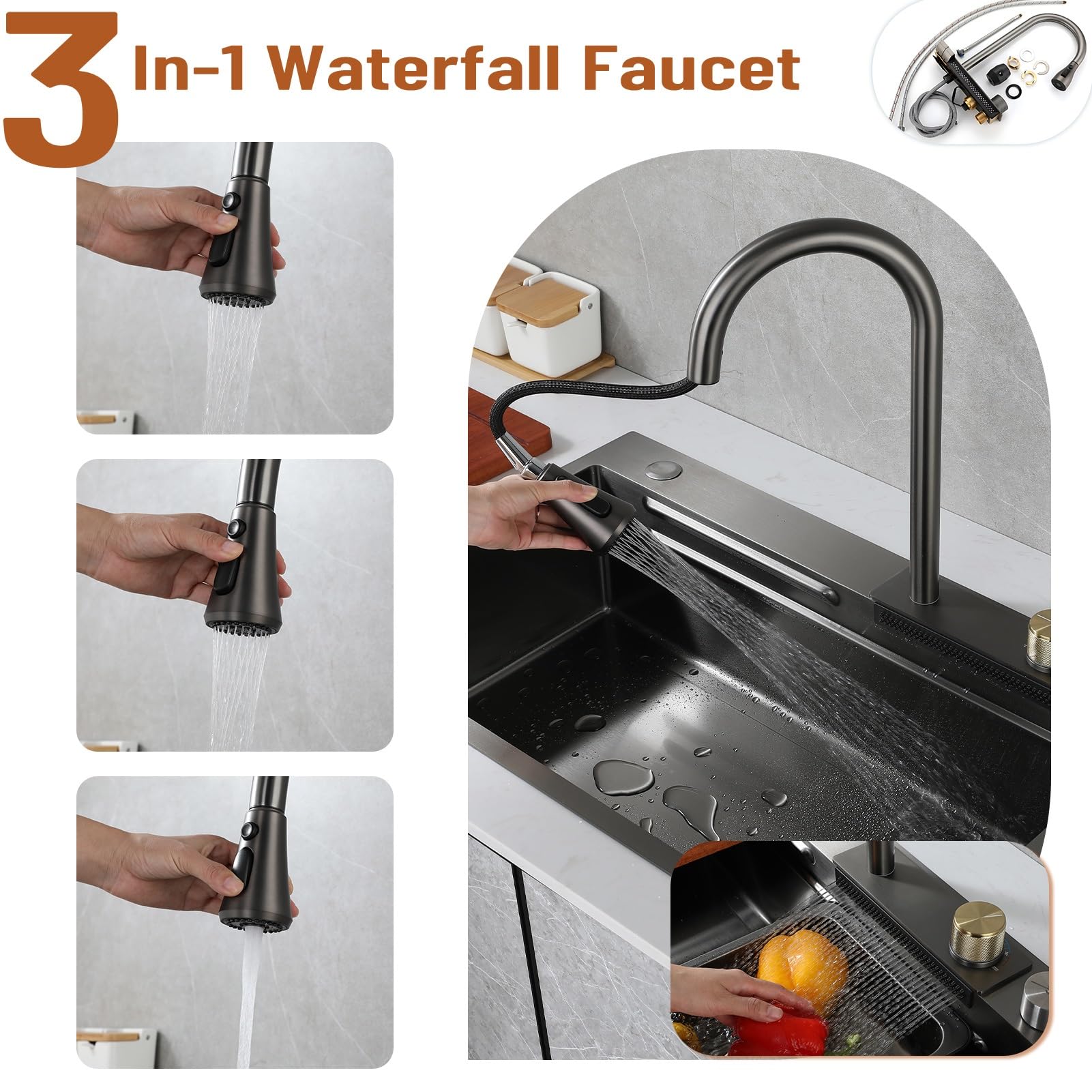 Fregadero De Cocina Para Estación De Trabajo Con Grifo De Cascada, Juego De Lavabo De Acero Inoxidable Doméstico De Un Solo Tazón, Lavadora De Ollas A Presión, Tabla De Cortar, Canasta De Drenaje Y Ac