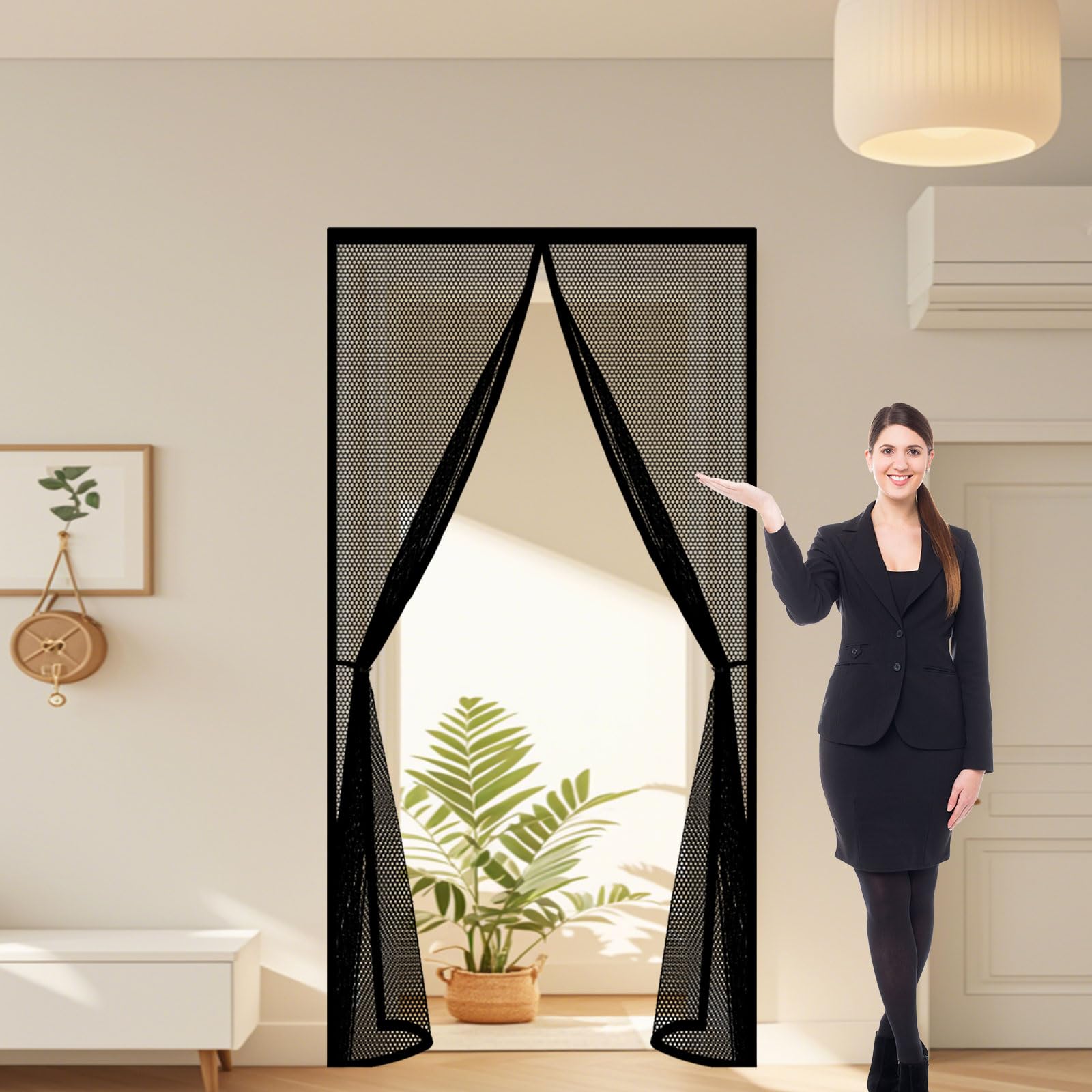 Fly Screens Doors 116 x 255 cm Heavy Duty Self-Sealing No Gap Anti Mosquito Heavy Duty Self-Sealing Mesh Hands Free No Drill Installation for Patio Bedroom Sliding Kitchen, Black