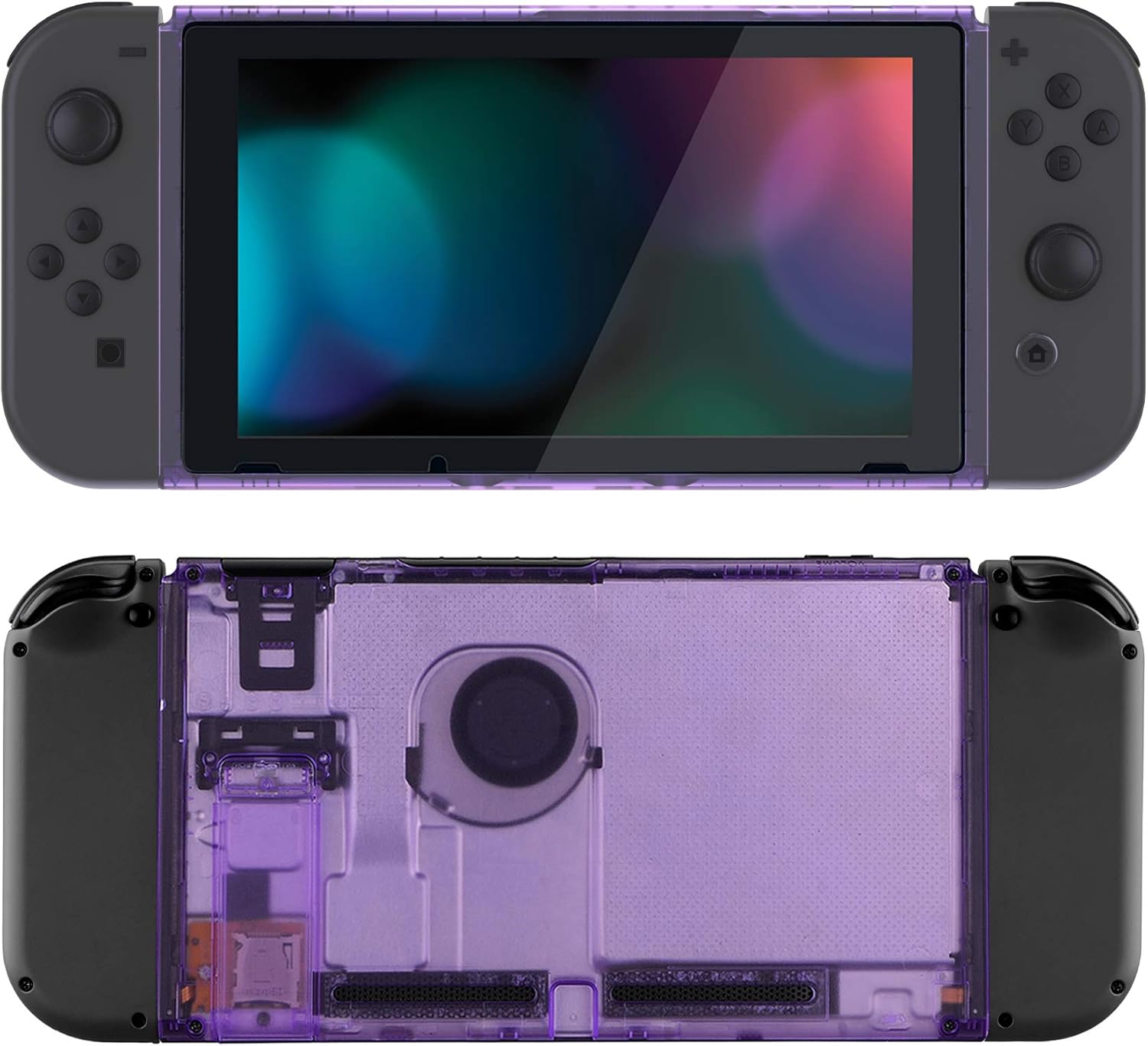 eXtremeRate Clear Atomic Purple Faceplate Backplate DIY Replacement Housing Shell Case for Nintendo Switch Console with Kickstand – JoyCon Console NOT Included