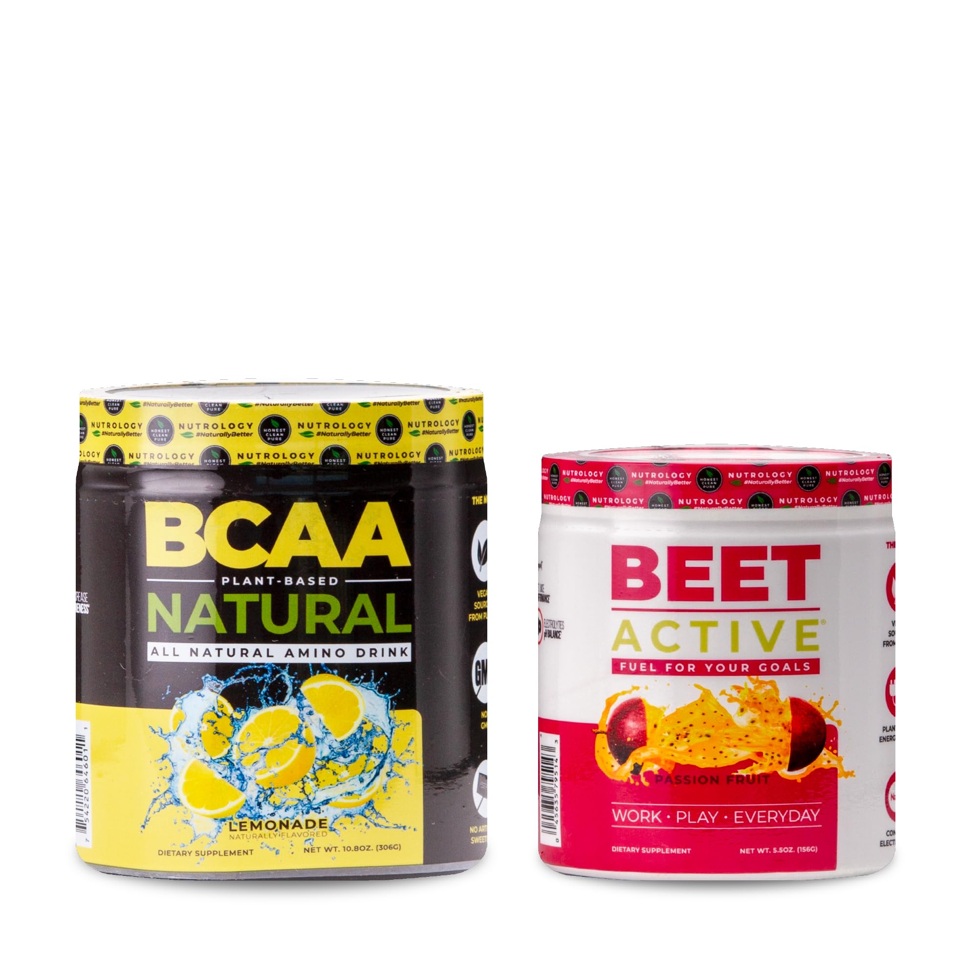Nutrology BCAA Natural, Plant Based BCAA Powder, Lemonade Flavor (30 Servings) Beet Active, Natural Pre-Workout Powder, Passion Fruit Flavor (30 Servings)