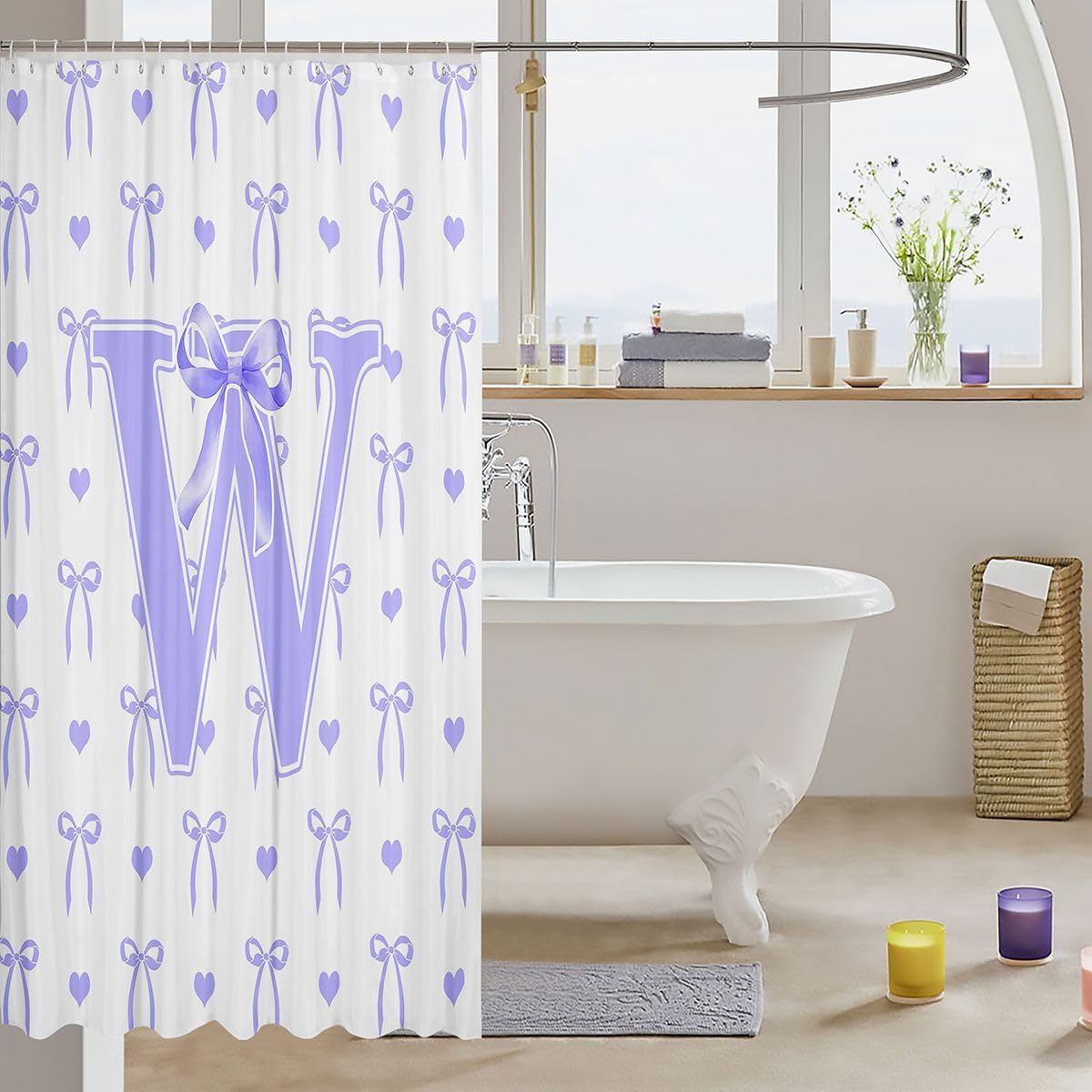 Feelyou Bow Shower Curtain for Bathroom Decor Purple Bow Bath Curtain for Stalls Bathtubs Bowknot Bathroom Accessories Kawaii Waterproof Polyester Fabric Personalized Initial W with 12 Hooks 72"x72" image 3