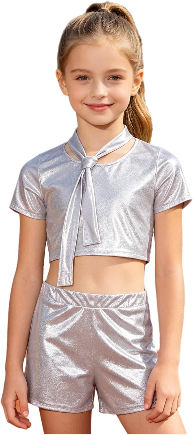Girls Metallic Crop Tops with Shiny Shorts Jazz Dance Outfits Cheer Outfit for Cheerleading White 9-10 Years
