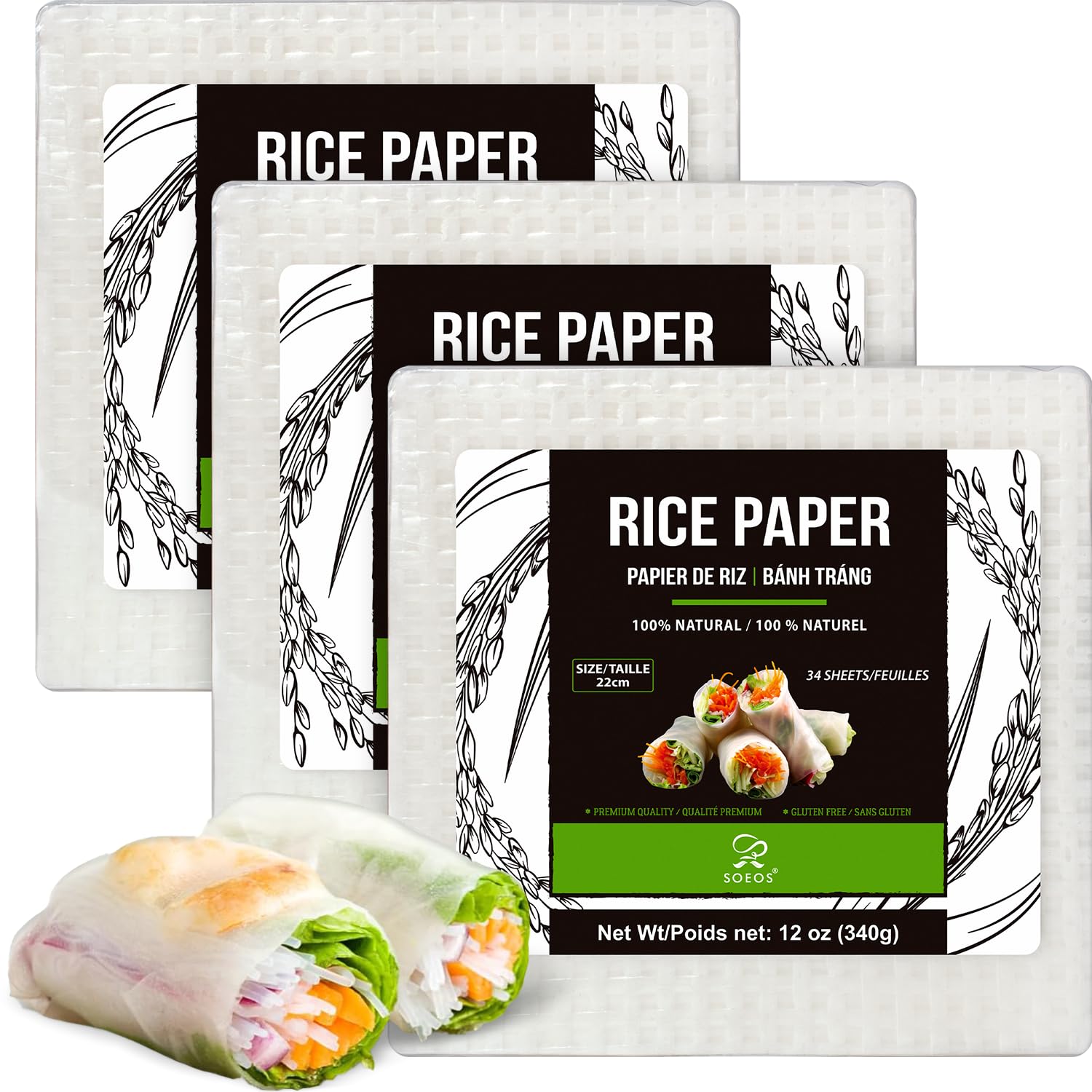 Soeos Rice Paper, White Rice Paper Wrappers, 3 Pack, 102 Sheets-Fresh Spring Roll Wrappers & Dumplings, Non-GMO, Gluten-Free, Low Carb, Vietnamese Rice Wraps (Square, 22cm)