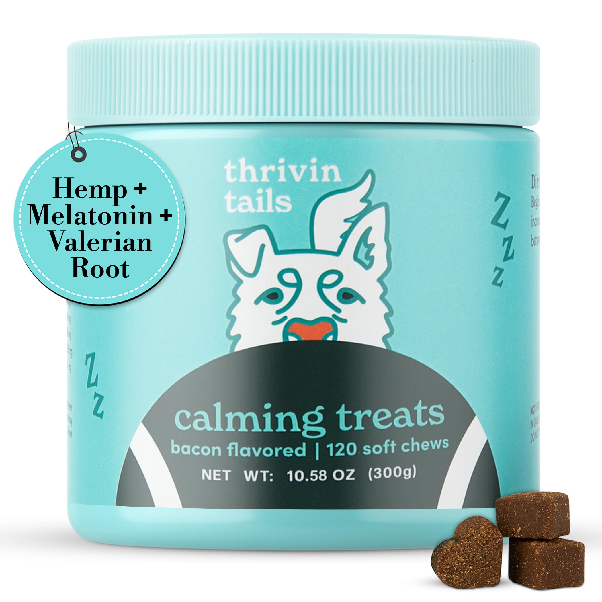 Thrivin Tails Bacon-Flavored Calming Chews for Dogs: Melatonin Dog Anxiety Relief Treats, Perfect Sleep Aid, Stress Relief During Fireworks, Storms,