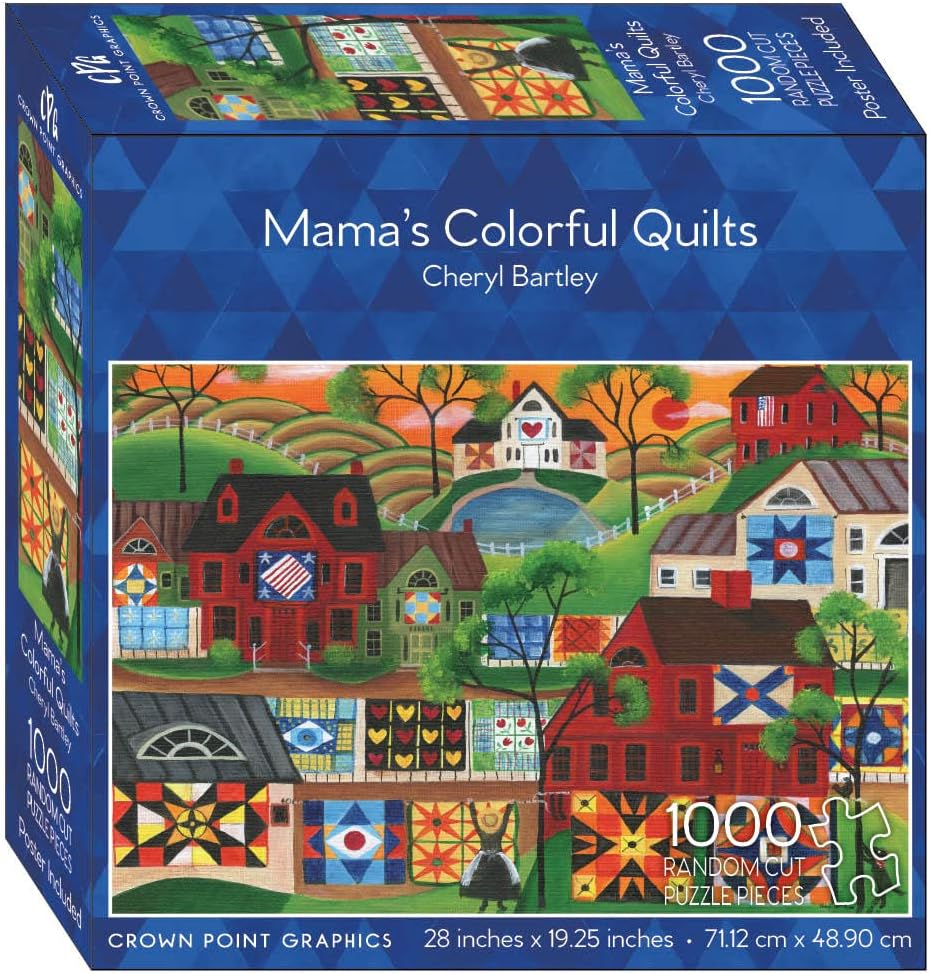 Crown Point Graphics Mama's Colorful Quilts - Quilt Puzzles for Adults 1000 Piece - Quilt Jigsaw Puzzles with Farmhouses - Artist Cheryl Bartley