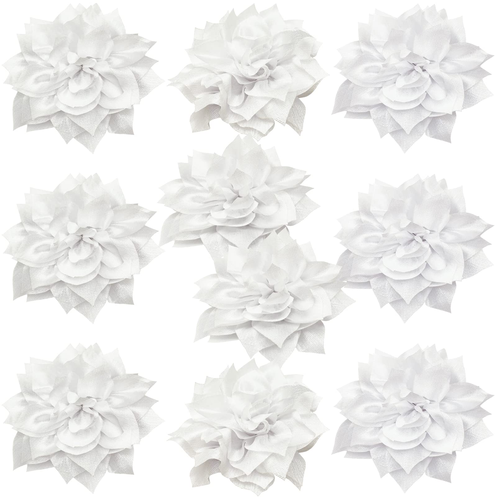 Photo 1 of 10pcs Handmade Chiffon Flower 4" Flat Back Fabric Appliques for Party Wedding Decor Tassel Topper Decoration Gift Wrapping Headbands Hair Accessories DIY Craft (White)