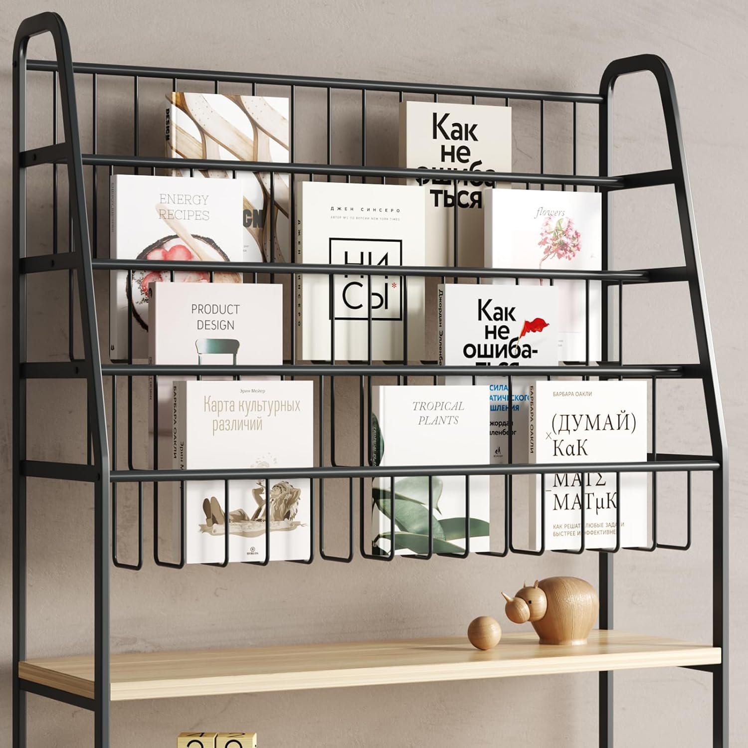 Bookshelf for Kids,Modern Magazine Rack Floor,Freestanding Bookcase for Books,Kids Picture Books,CD DVD & Vinyl Record Storage,Metal Display Shelf with Wooden Shelves (Black, L:39.4")