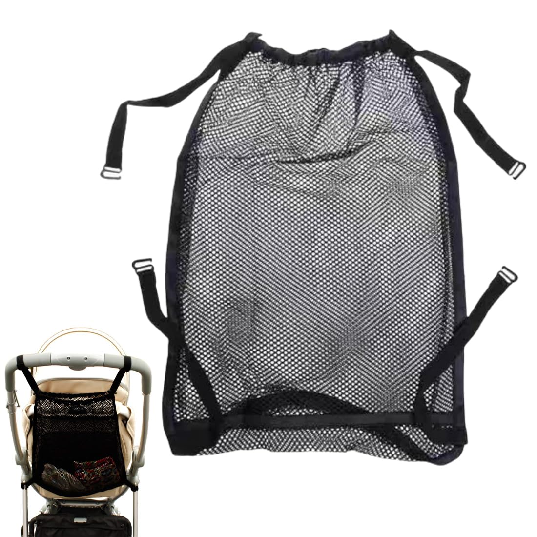 1 Pezzo Borsa in Rete 30×50cm Universale per Carrozzine, Passeggini, Passeggini Sportivi, Jogger per Gemelli/Chiusura a Scatto Semplice,Nero