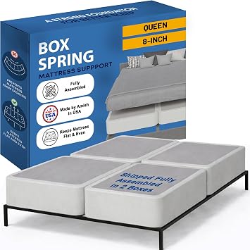 Greaton, Box Spring Bed Base Queen Size, 8-Inch Wood Mattress Foundation Amish Made in USA Quiet Noise Free, 4-Pieces Under Mattress-Support BoxSpring, Fully Assembled, White