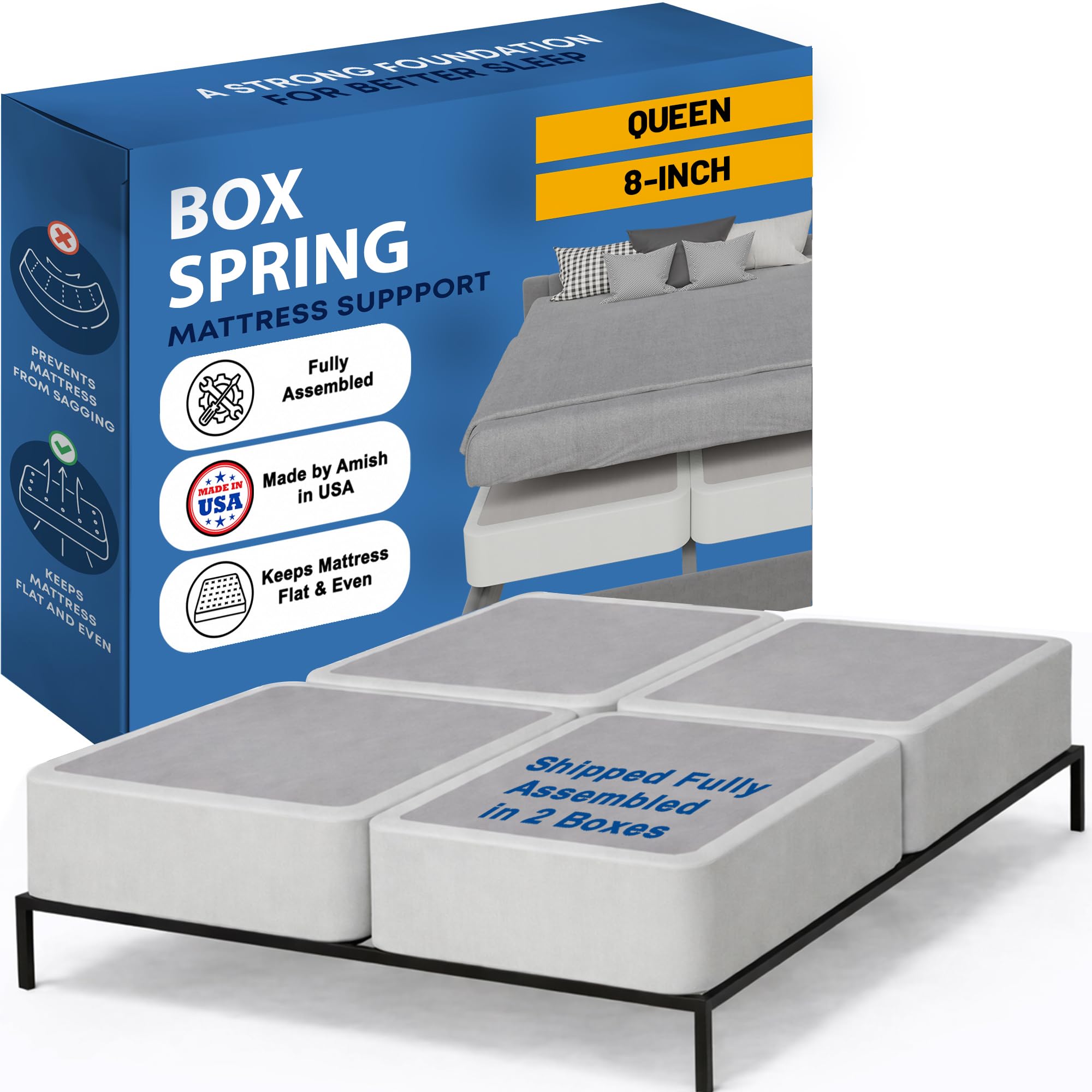 Greaton, Box Spring Bed Base Queen Size, 8-Inch Wood Mattress Foundation – Amish Made in USA – Quiet Noise Free, 4-Pieces Under Mattress-Support