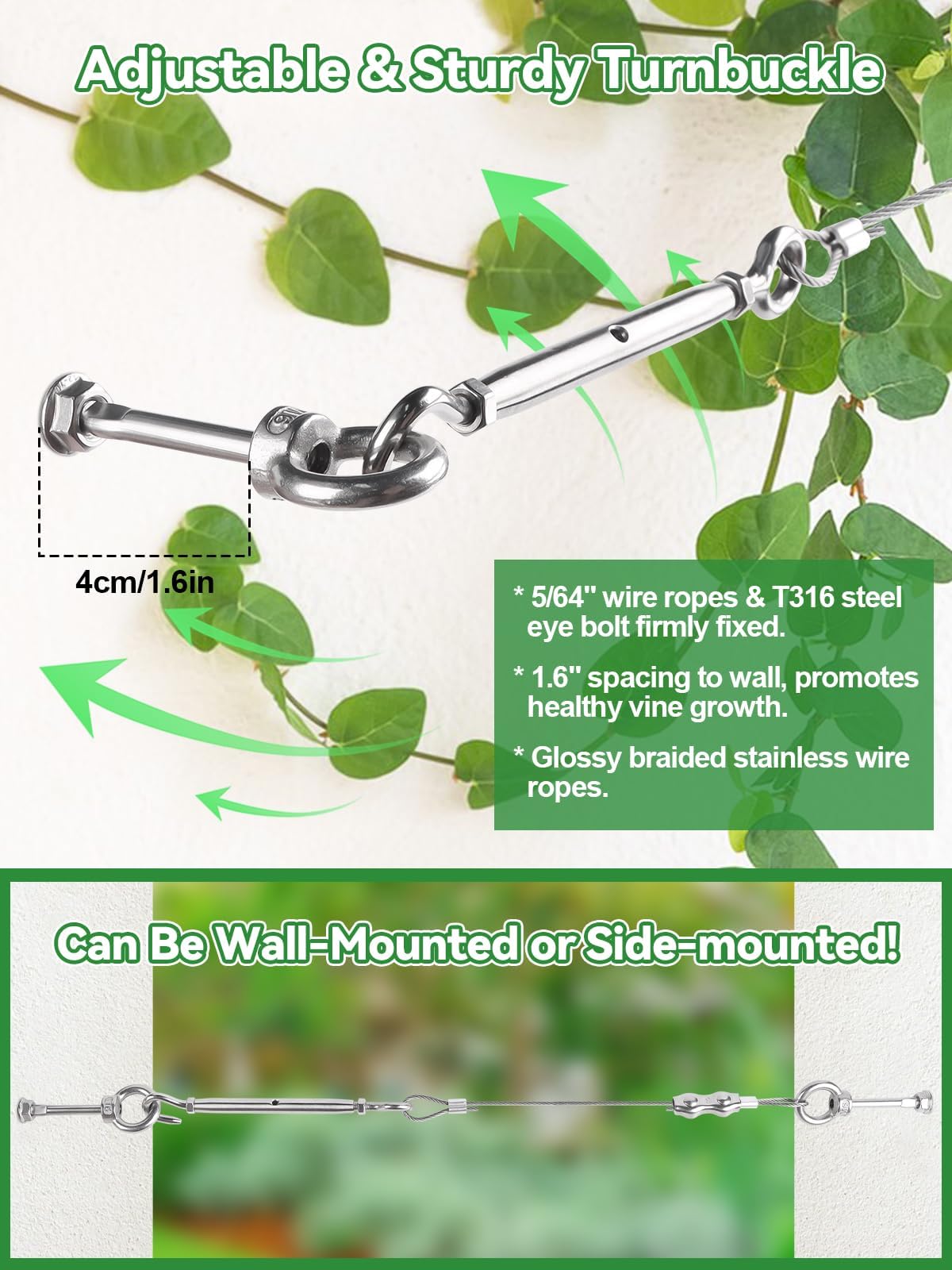 150 Fuß Rankhilfe Edelstahl für Kletterpflanzen, Kalolary T316 Gespanntes Gartenspalier Edelstahl Wandmontierte Rankgitter mit Spannschloss Zäune Pflanzen geeignet Außenbereich Gartenzäune Weinreben