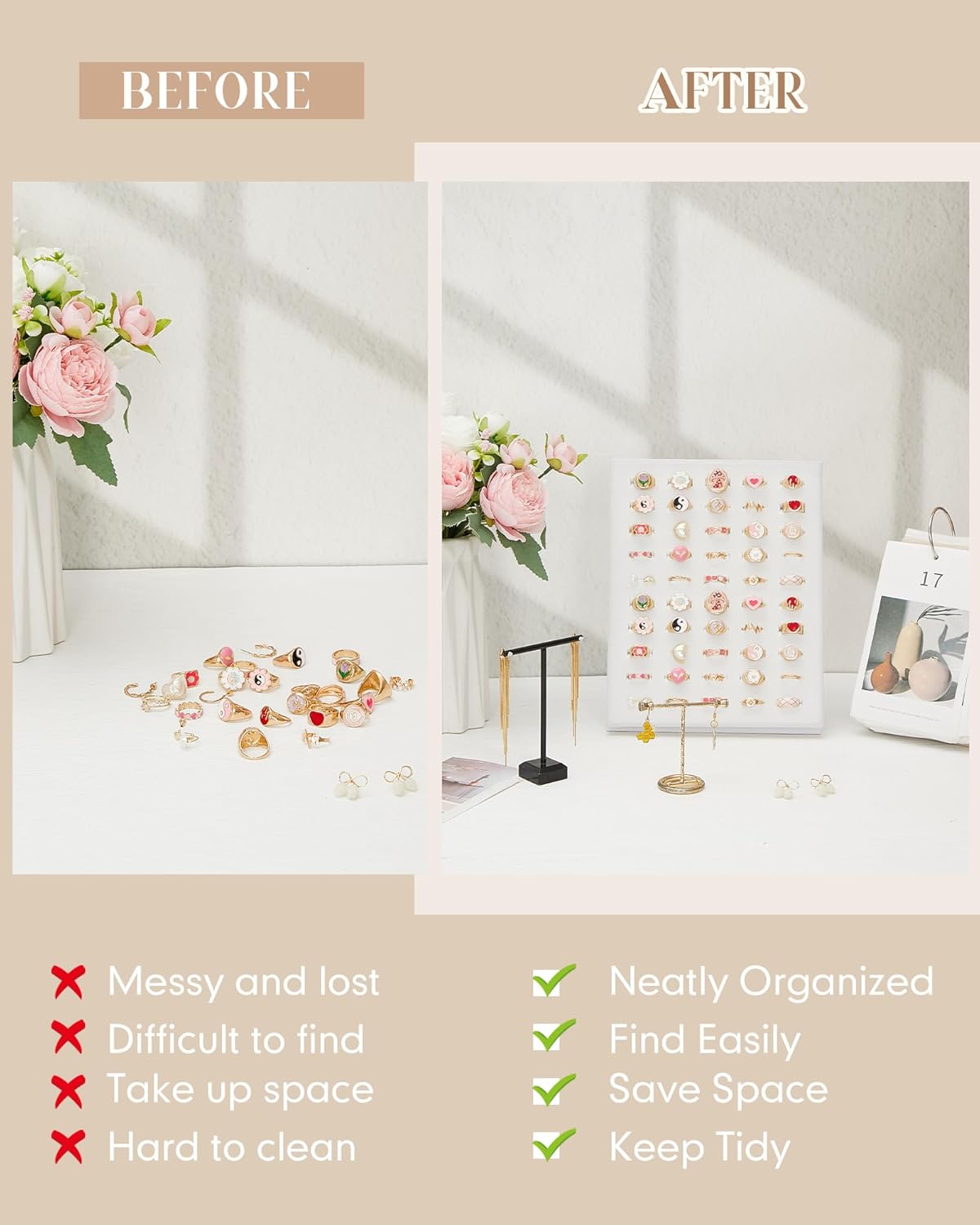 Henoyso 4 Pcs Velvet Ring Display 50 Slots L-Shaped Ring Display Stand Tray Holder for Selling Earring Jewelry