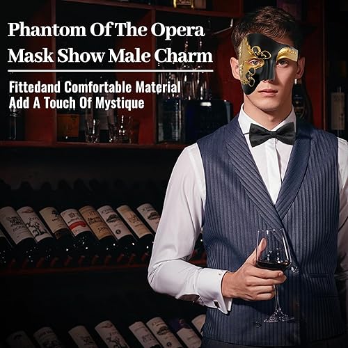 Miniatura 4 de FunMular Máscara de mascarada para hombre, fantasma de la ópera, máscara de media cara con corbatín, máscaras venecianas para fiesta de Halloween