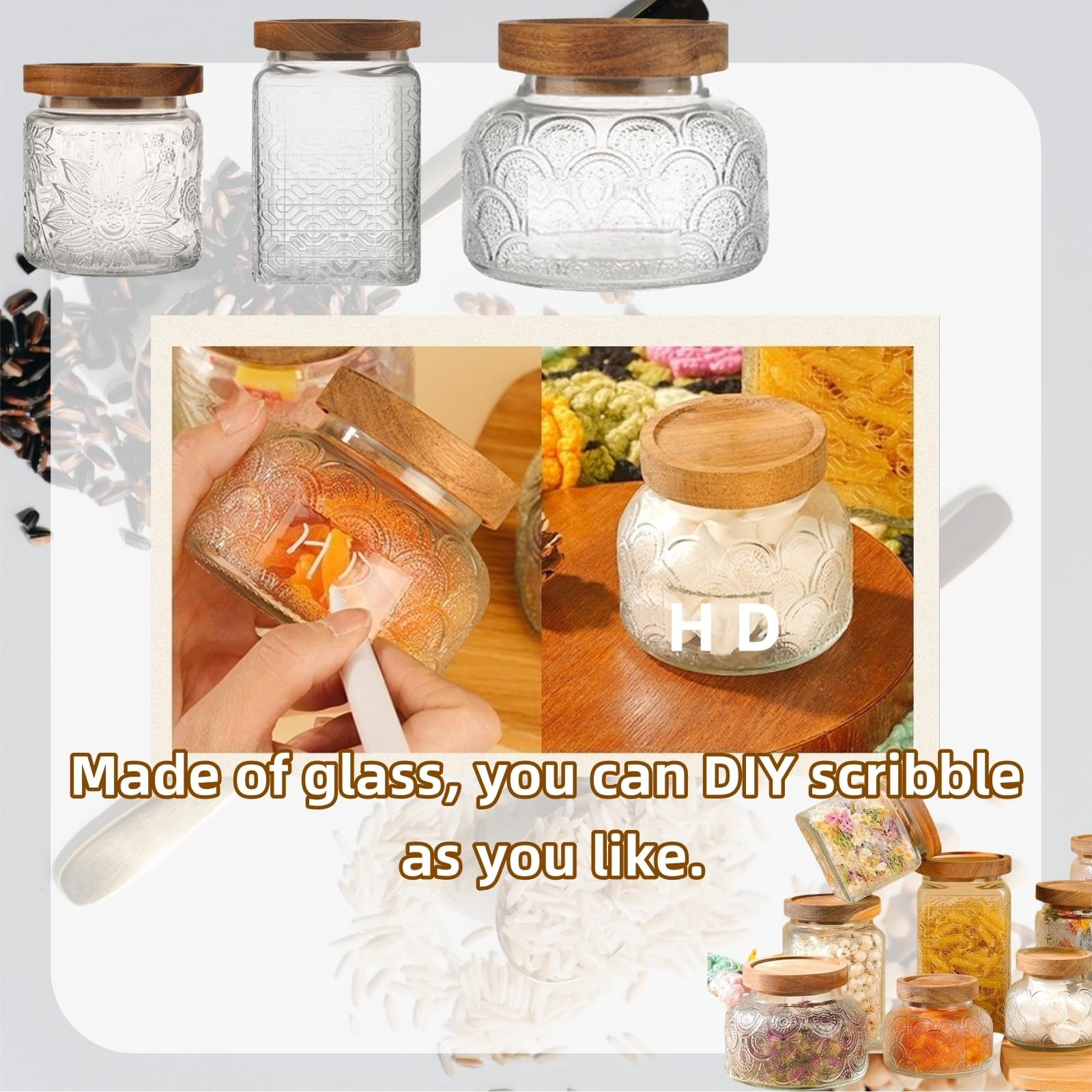 1/3Stück Vorratsgläser, 260ml-2200ml Luftdichte Glasbehälter, Vorratsdose Glas mit Holzdeckel Geprägtes Glas Küche Vorratsdosen (orbicular, je 1 von 3 Größen)