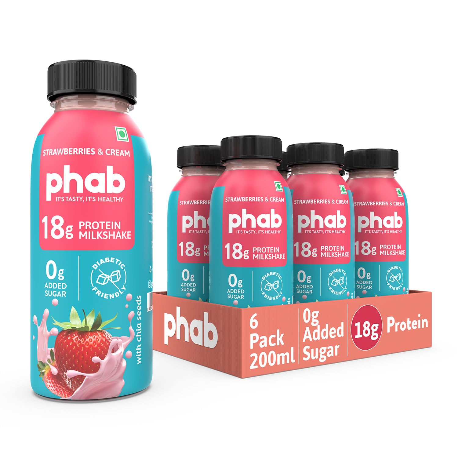 Phab Strawberries & Cream Protein Milkshakes 18g Protein,No Added Sugar | Low GI,Diabetic friendly | Gut-Friendly, No Trans Fat | Source of Fibre & Pre-biotics | Healthy & Tasty (Pack of 6x200ml)-image-4