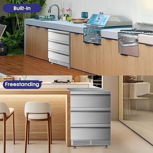 Miniatura 8 de Tylza Refrigerador de bebidas al aire libre de 3 cajones, 190 latas de 24 pulgadas, refrigerador de bebidas bajo encimera, impermeable, todo acero