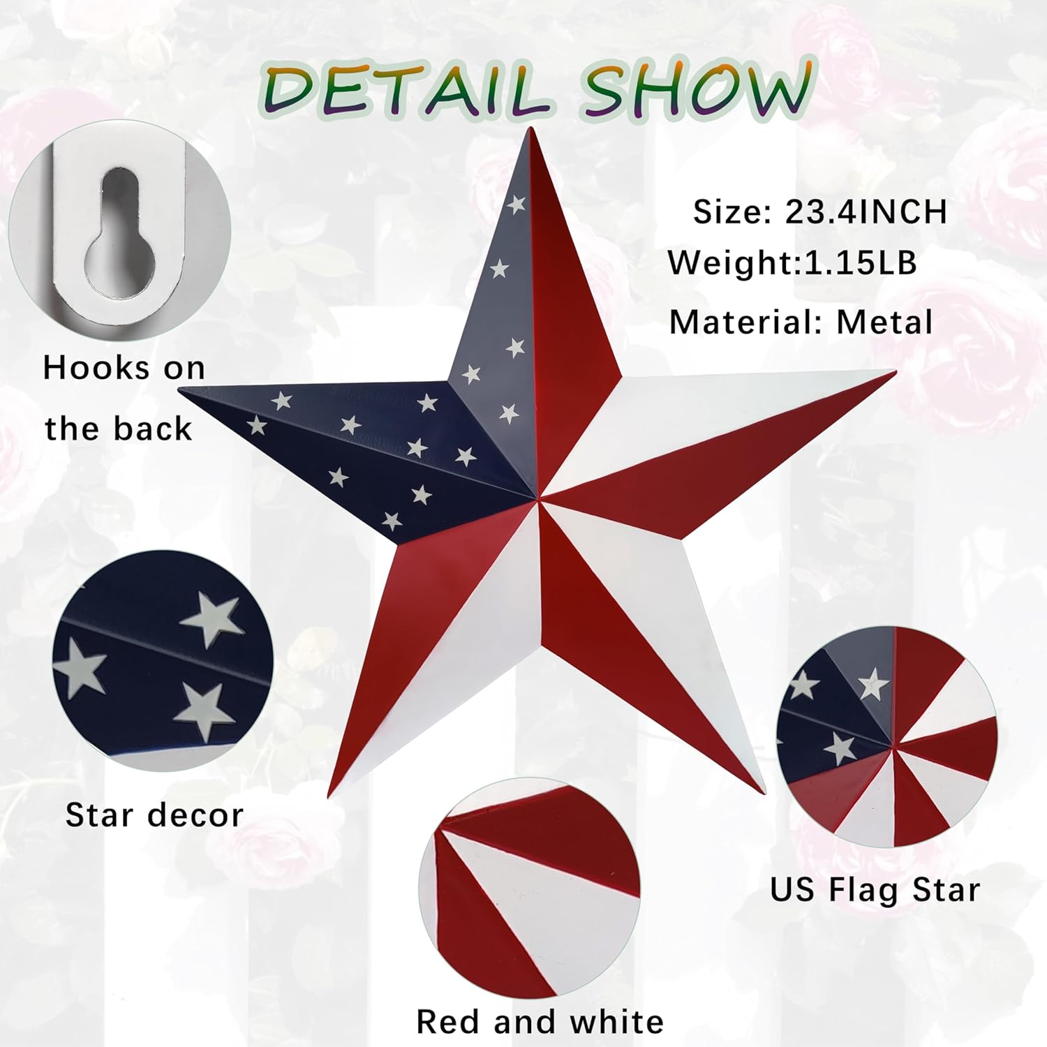 JoyEvy American Barn Star US Flag Stars Indoor Outdoor Decor, Metal Patriotic Star Wall Decoration, Texas Stars for Outside Rustic Vintage Western Country Home Farmhouse Wall Ornament(23.4inch)