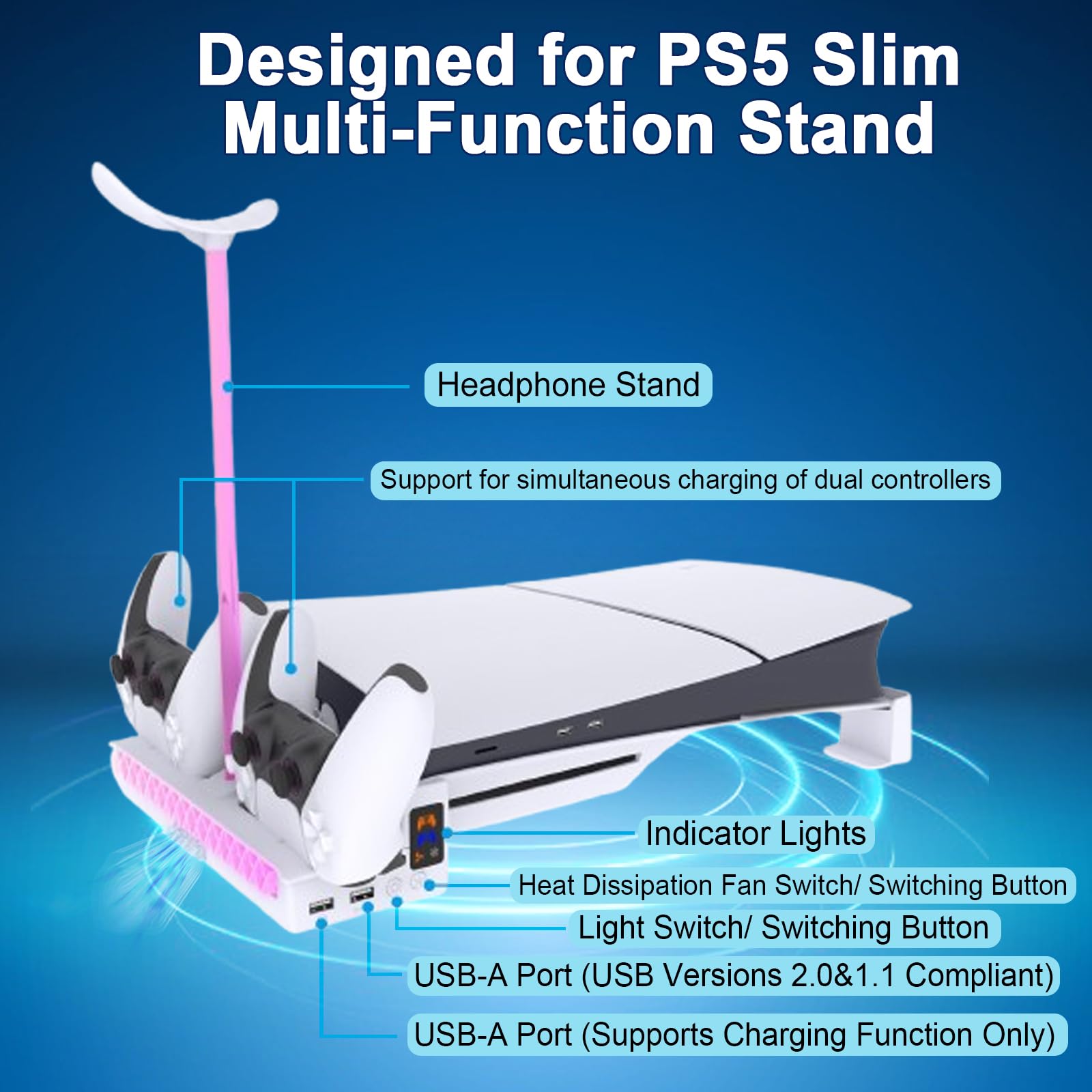 Soporte Horizontal RGB para PS5 Pro/PS5 Slim con Cargador de Controlador Dual, Soporte PS5 Horizontal con Ventilador de Refrigeración y luz RGB, para PS5 Pro/Slim Disc & Digital Edición
